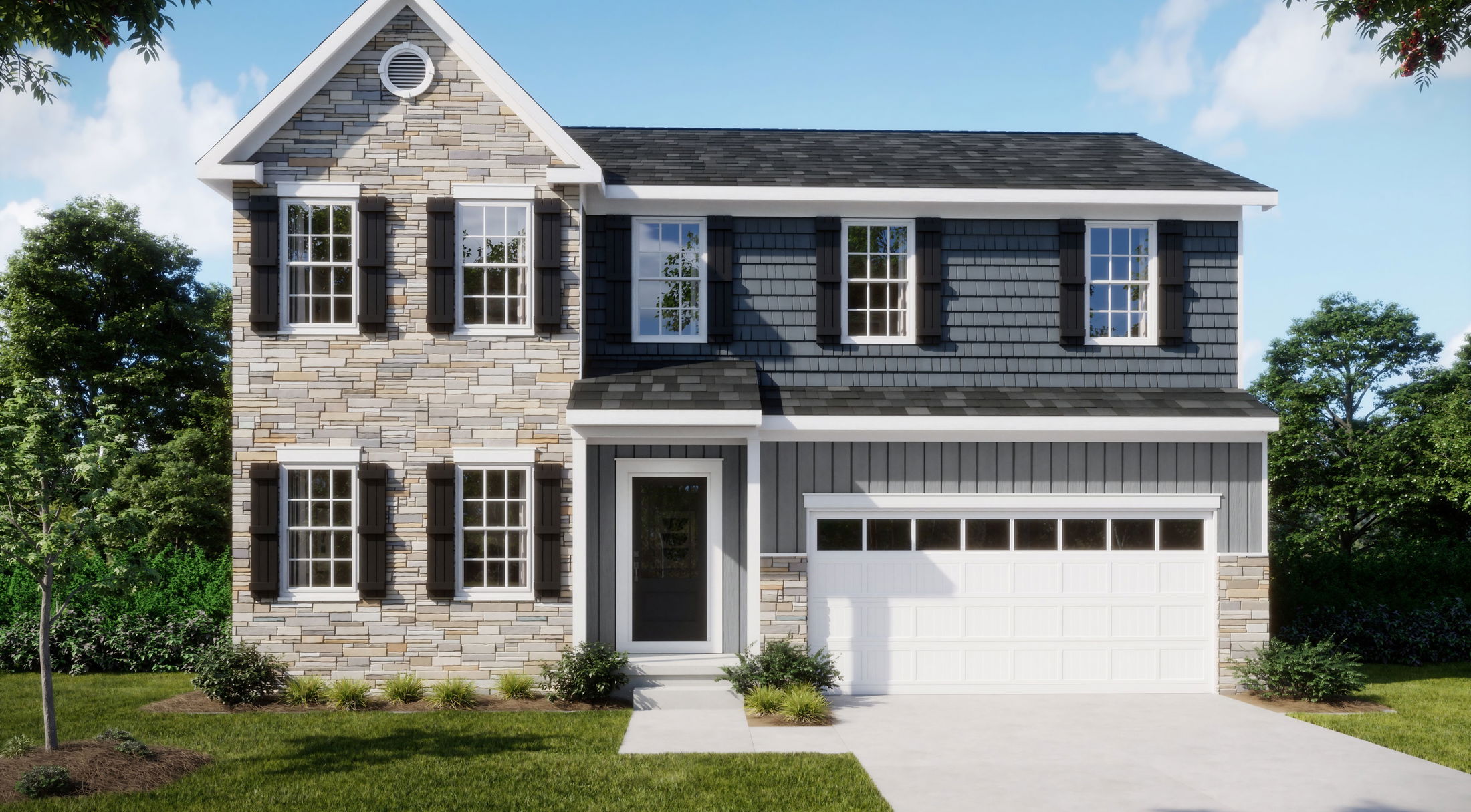 Two-story modern suburban house with stone facade, black shutters, and a white garage door amidst a landscaped yard.