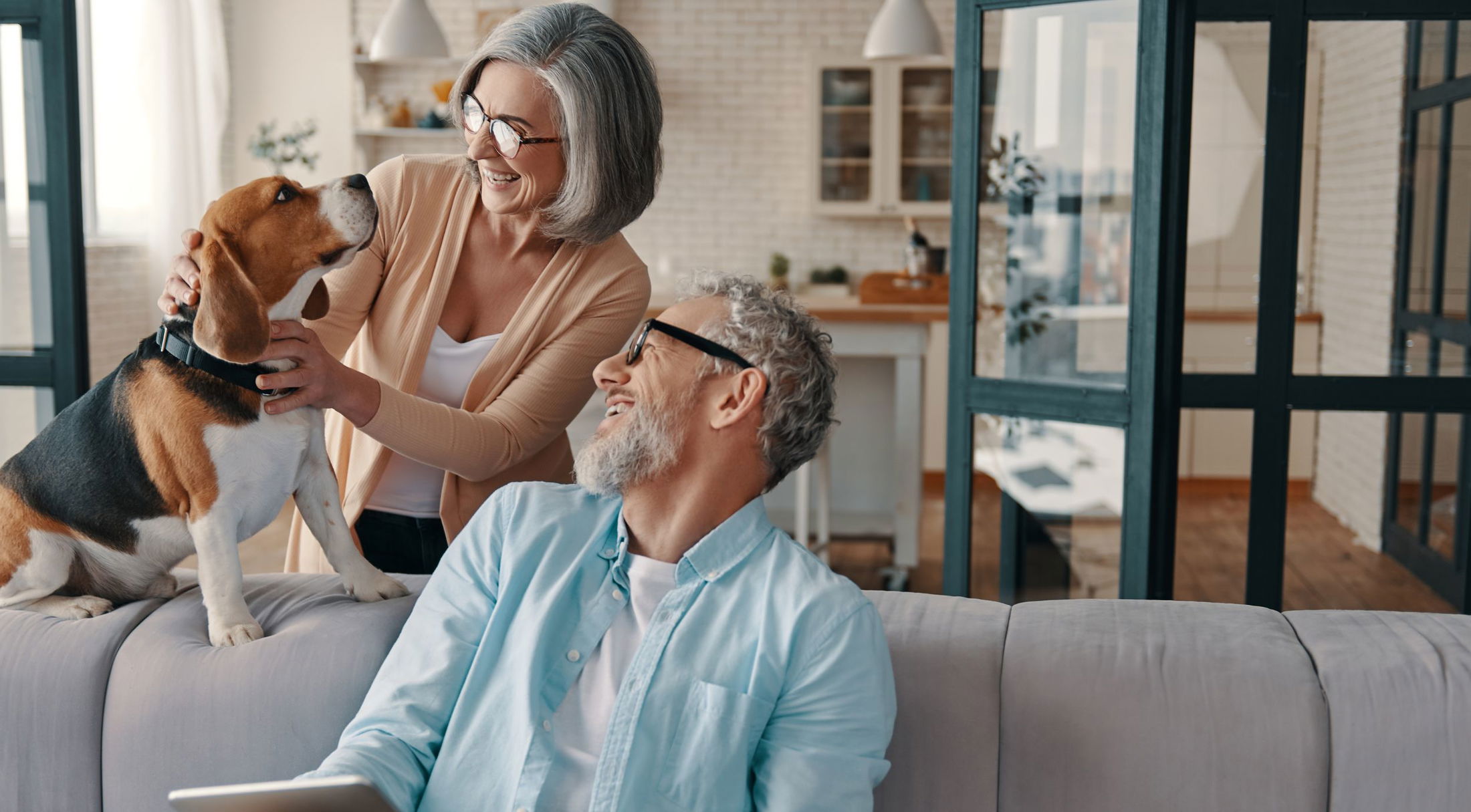 Happy older couple enjoying time with their Beagle dog on a cozy living room couch.