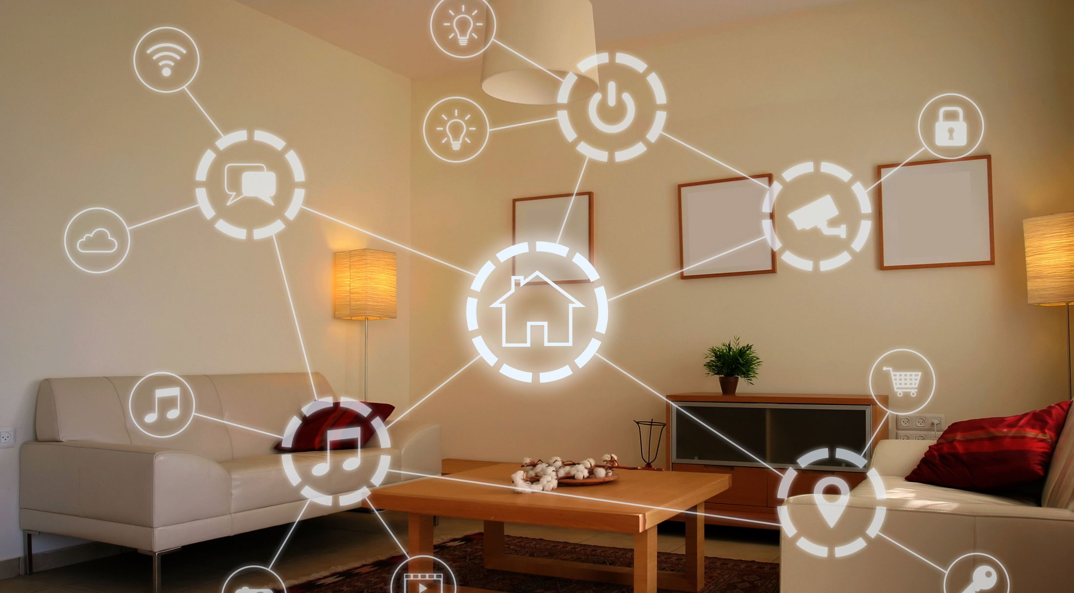 Modern living room with smart home technology icons overlay showcasing connectivity features like security and automation.