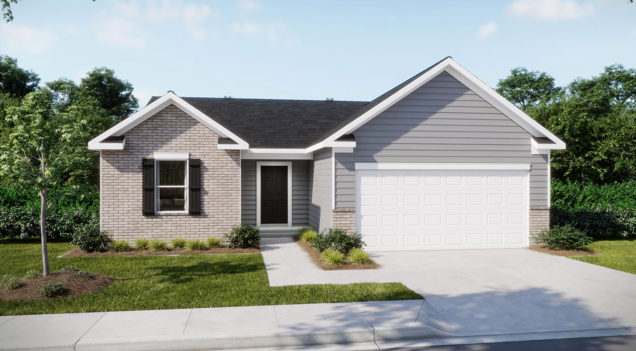 Modern single-story home with a brick and siding exterior, featuring a two-car garage and landscaped front yard.