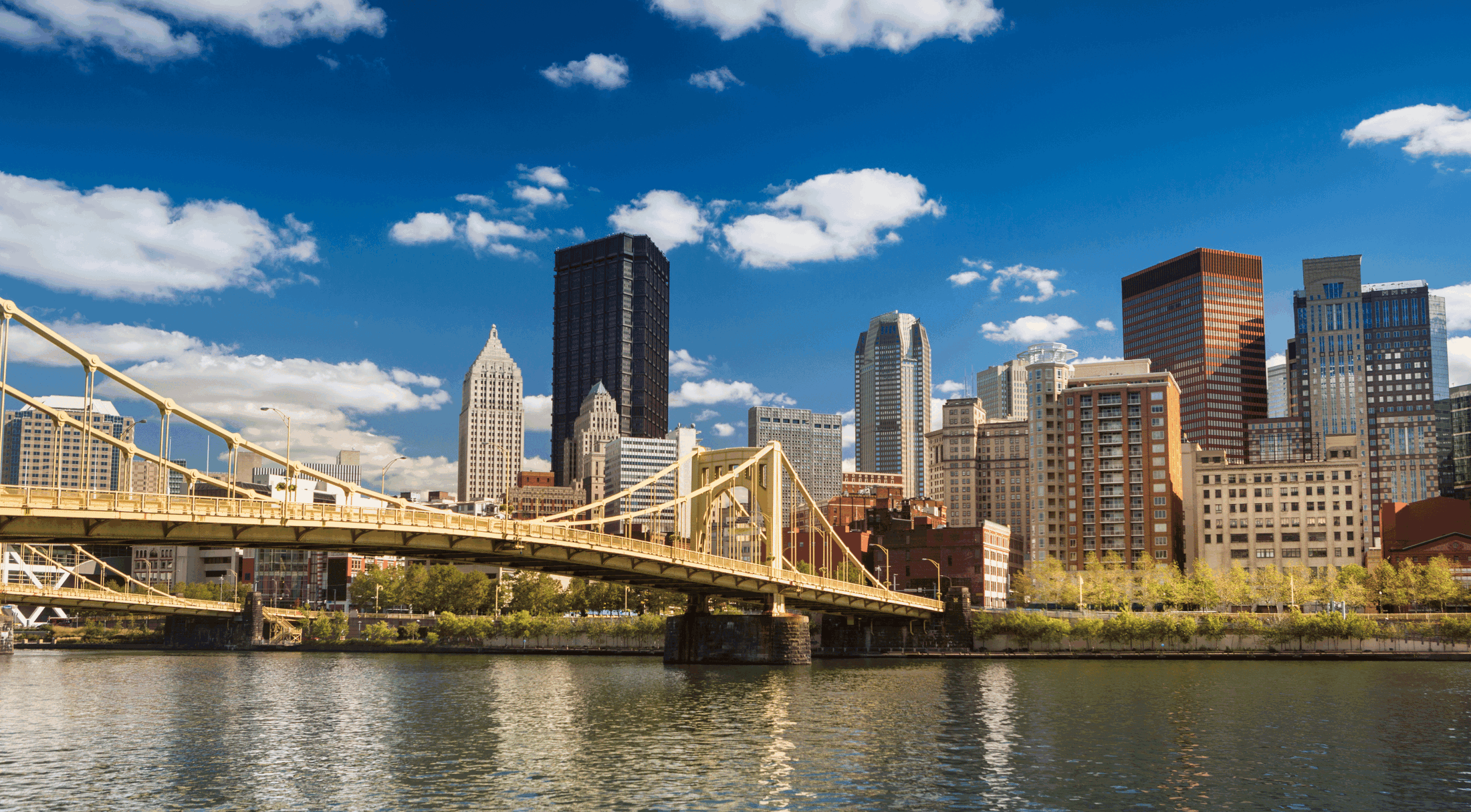 Panoramic view of the Pittsburgh skyline with the iconic yellow bridge spanning the river under a clear blue sky.