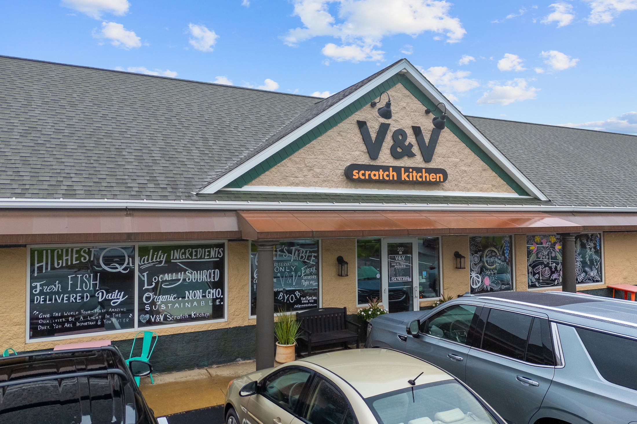 Front exterior of V&V Scratch Kitchen restaurant with its emphasis on locally sourced, organic ingredients.