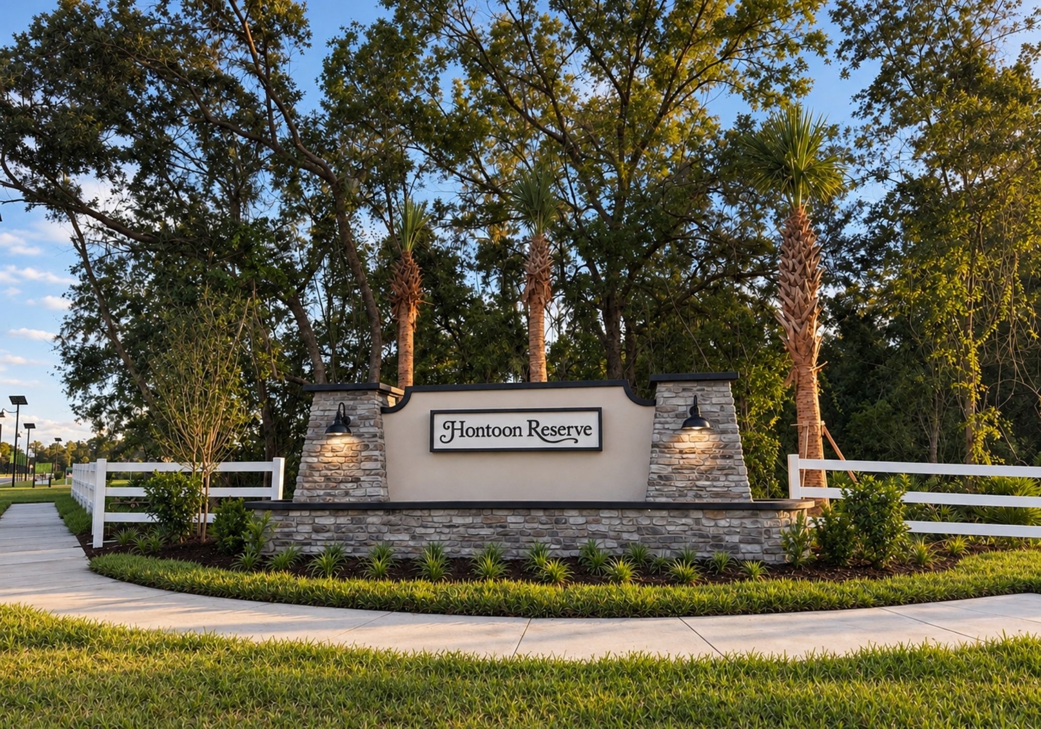 Hontoon Reserve entrance sign with landscaping and trees in the background.