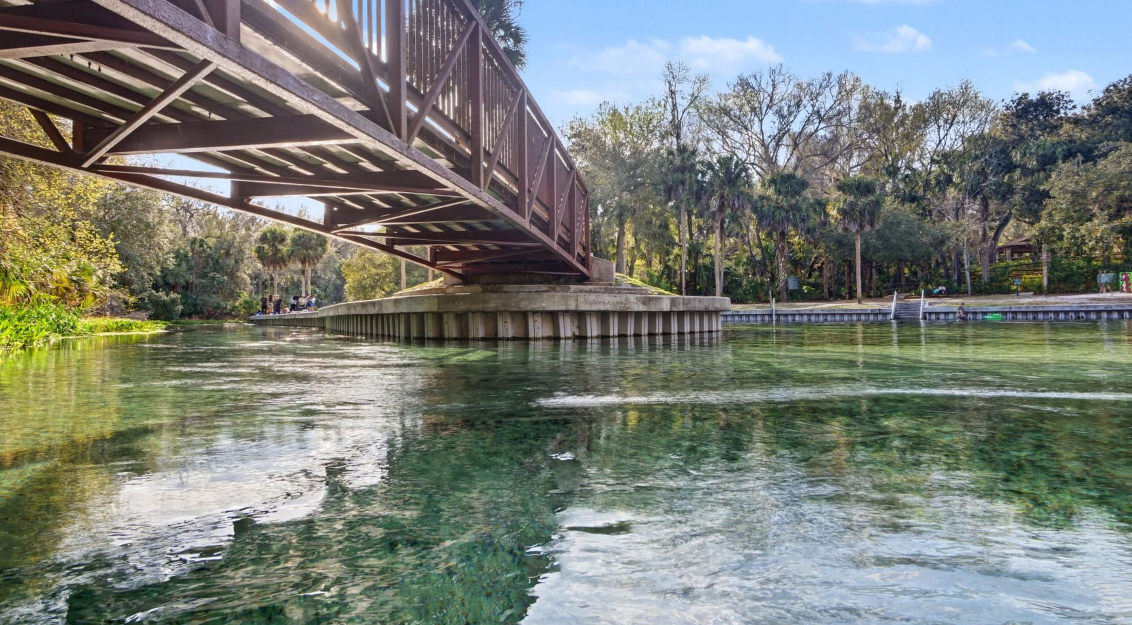 A scenic view of a wooden bridge over clear water surrounded by lush greenery and trees.