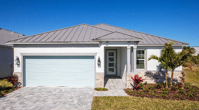 Modern single-story house with a metal roof, light blue garage door, and landscaped front yard featuring palm trees and shrubs.