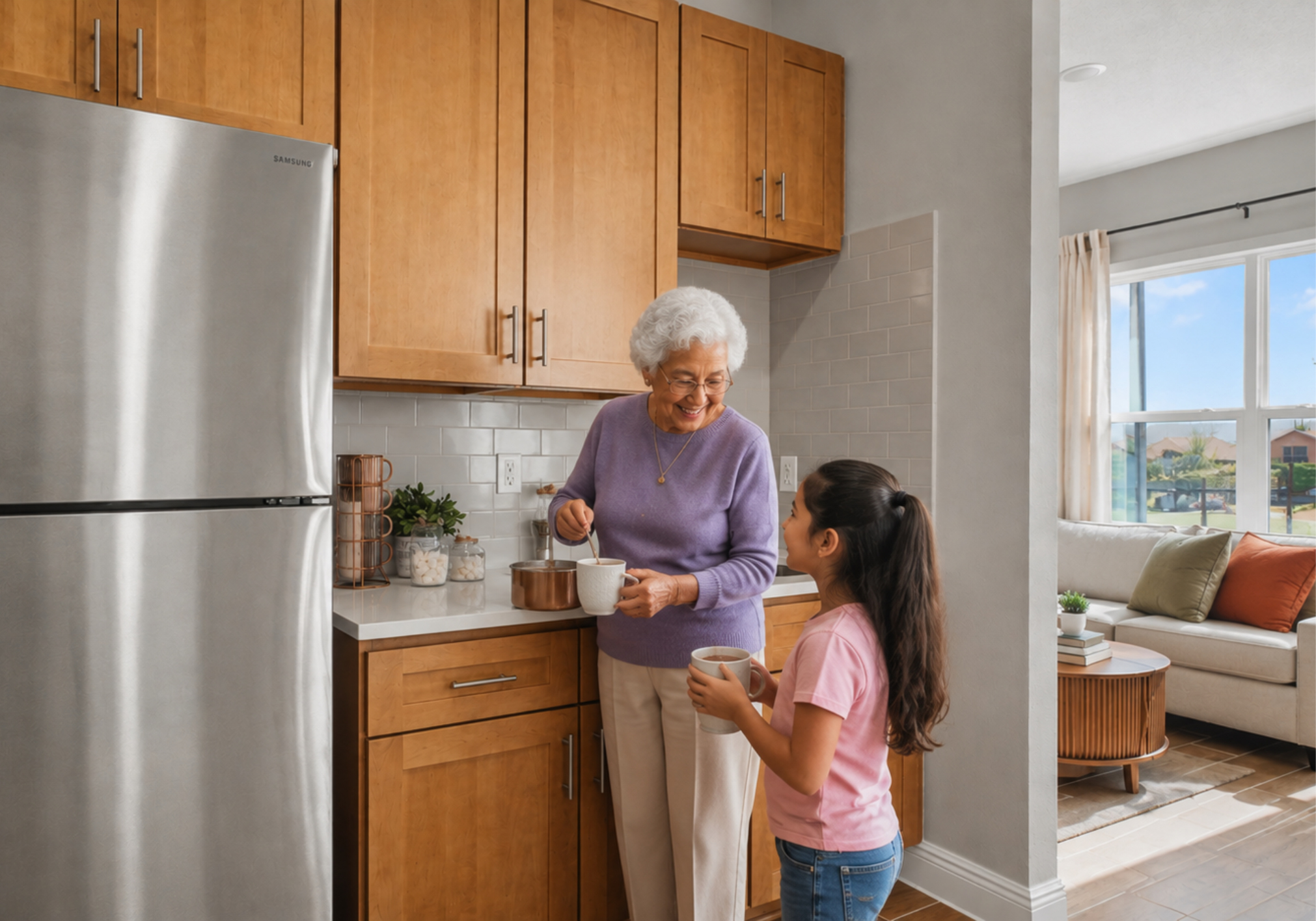 An elderly woman and a young girl are smiling and interacting in a bright kitchen with wooden cabinets and a stainless steel refrigerator.
