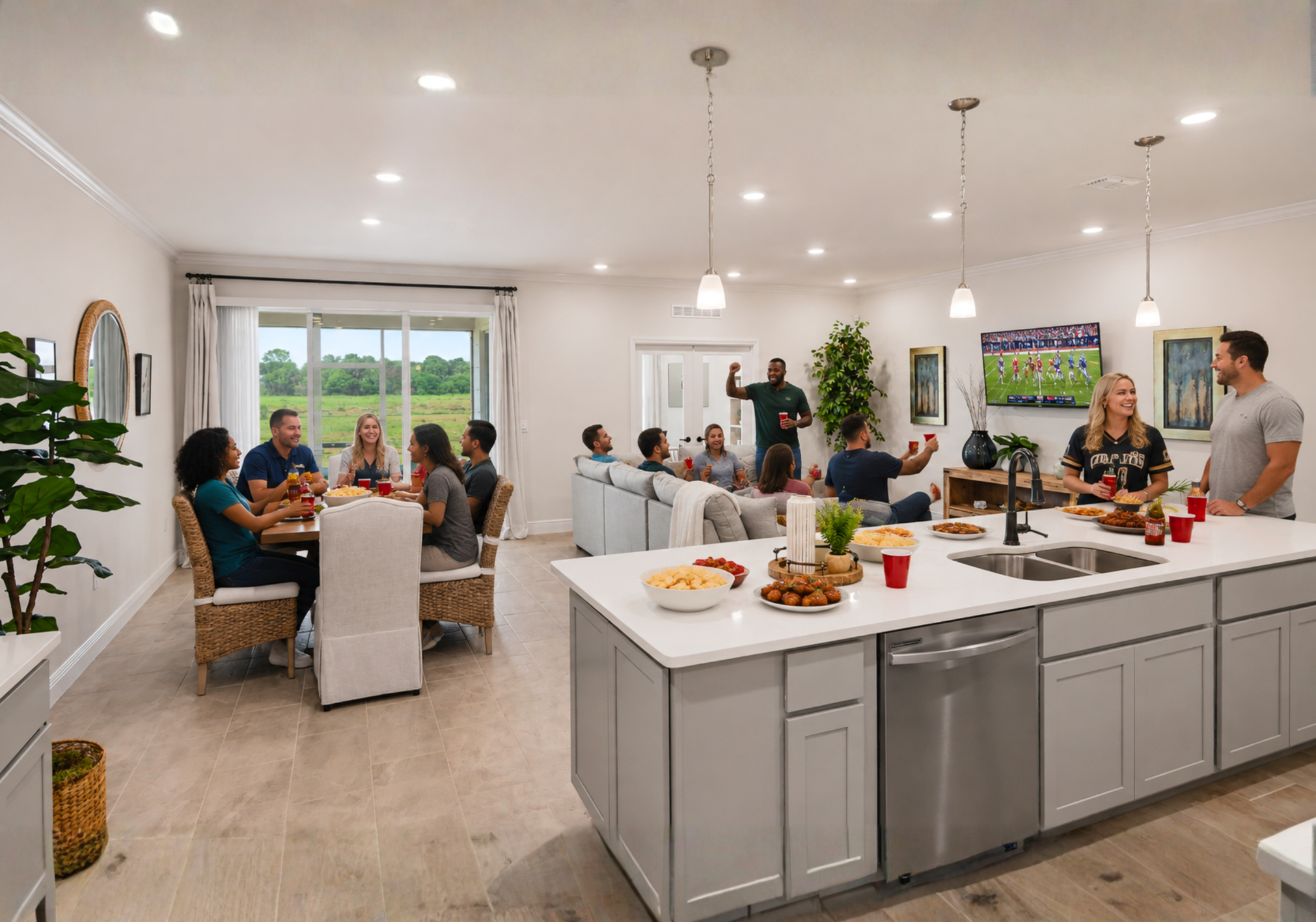 A spacious modern living room and dining area filled with people enjoying a gathering, with food and drinks on the table and a large window showing a green landscape outside.
