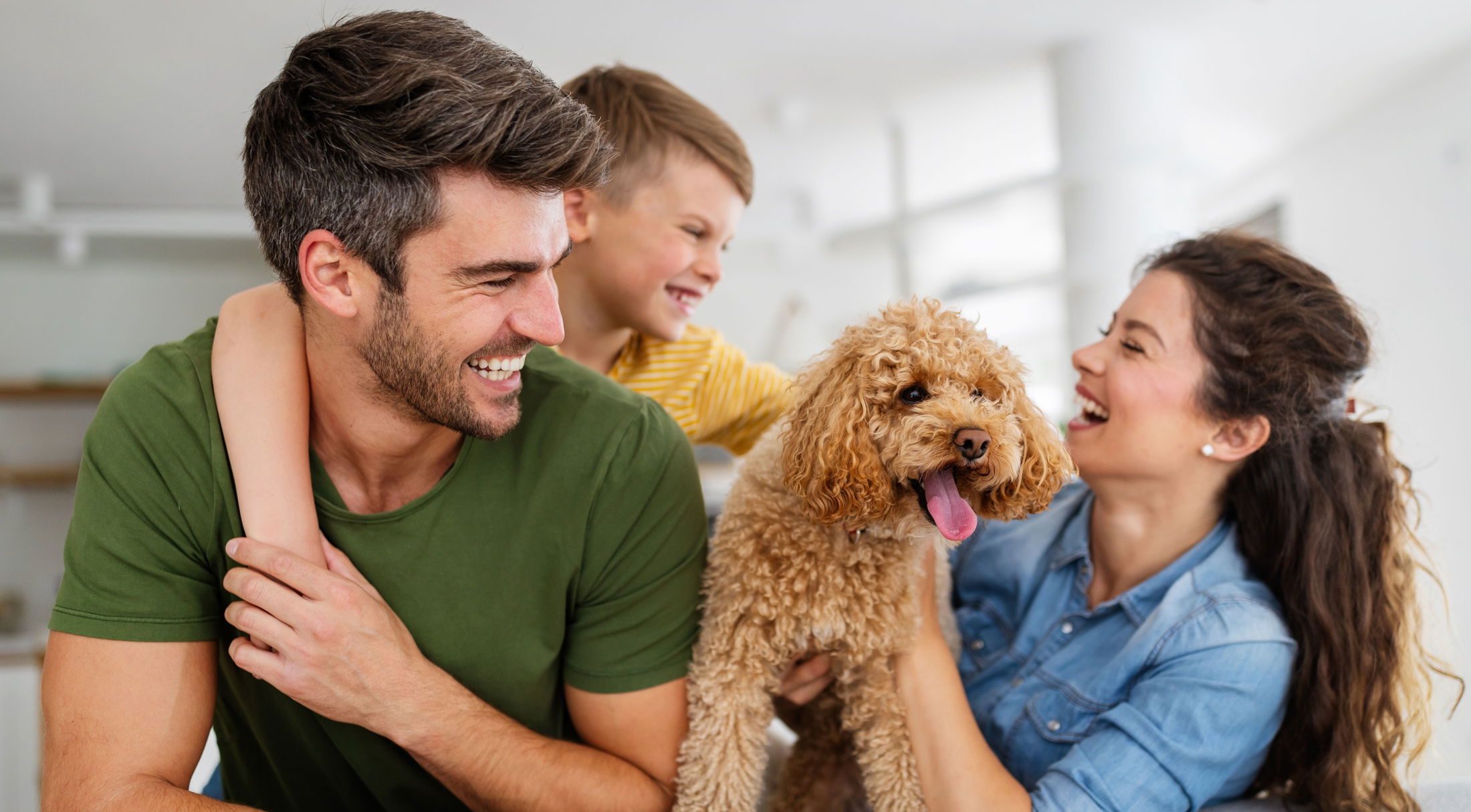 A happy family with a young boy and a couple enjoying quality time with their fluffy brown dog indoors.