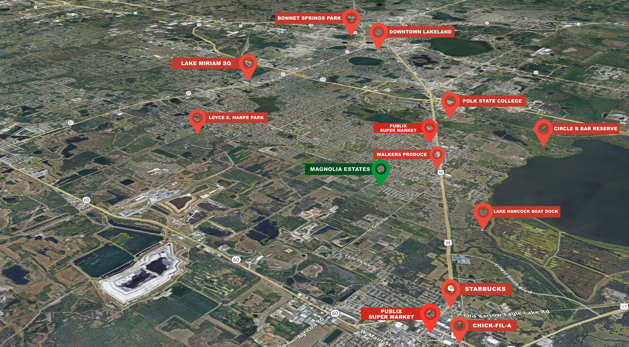 Aerial map highlighting key locations near Magnolia Estates in Lakeland, Florida, including parks, colleges, and popular stores.