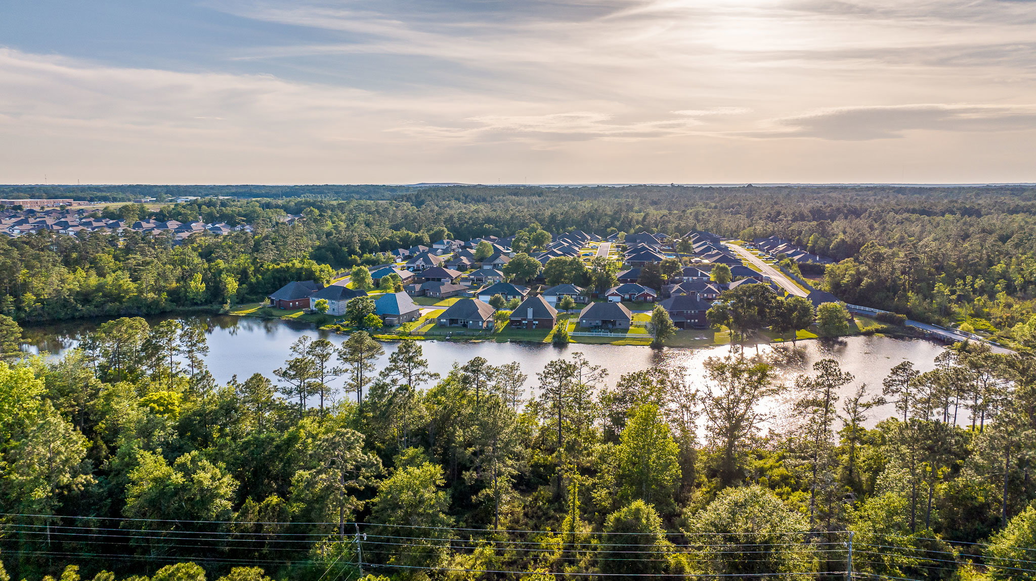 Aerial view of a residential neighborhood with houses beside a lake surrounded by greenery.