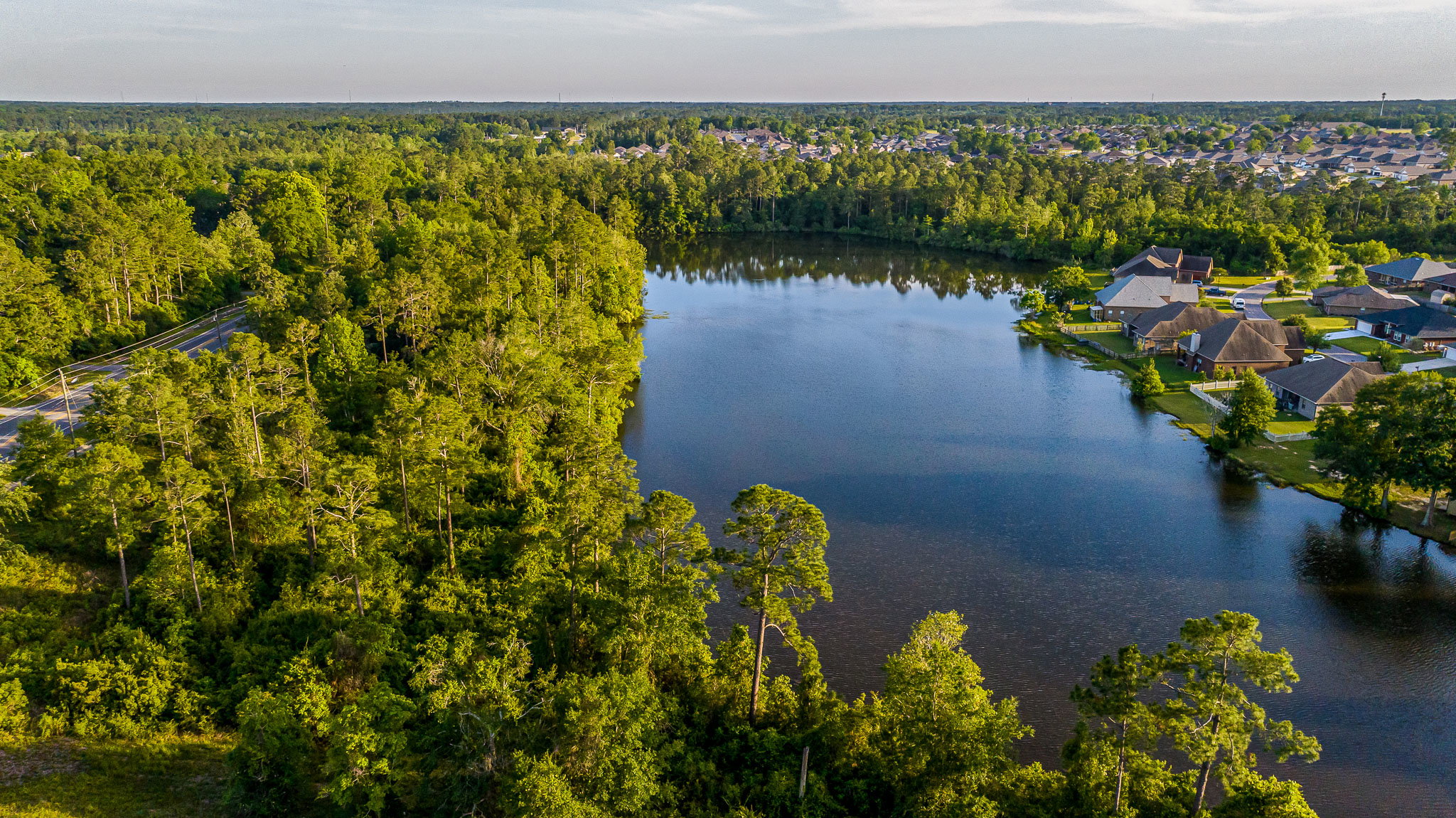 Aerial view of a tranquil lake surrounded by lush greenery and residential homes.