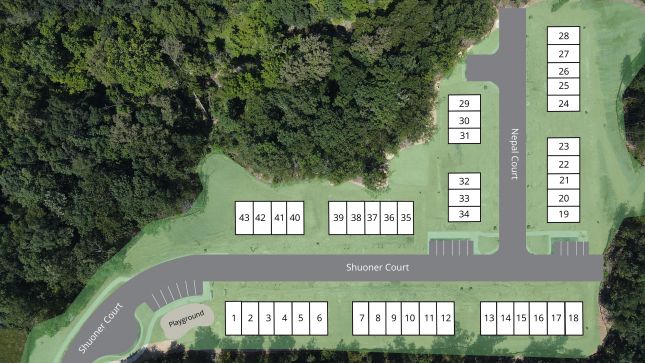 Aerial view of a development site map with numbered plots on Shuoner Court and Nepel Court, surrounded by greenery.