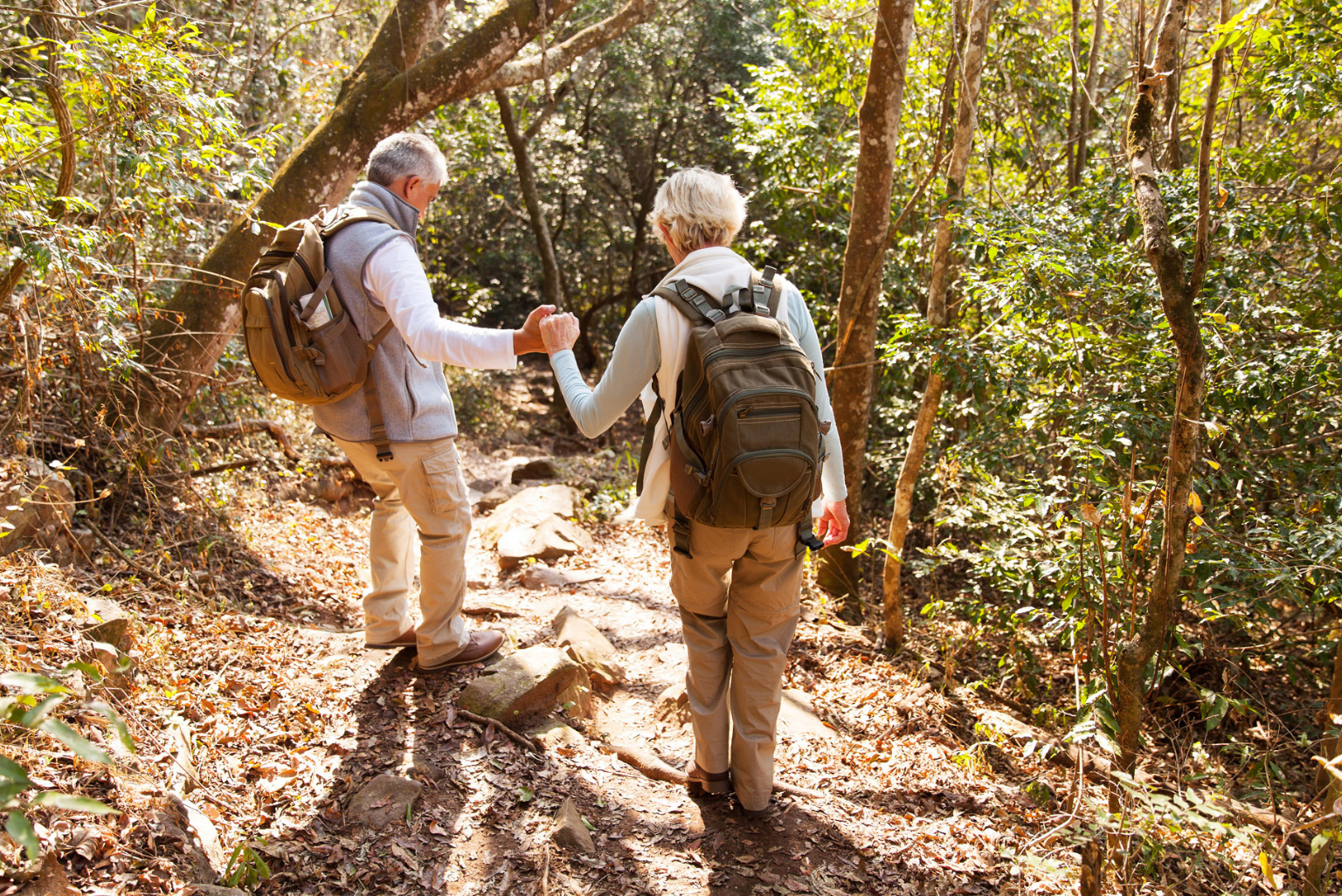 Senior couple hiking together through a sunlit forest trail, holding hands and wearing backpacks.