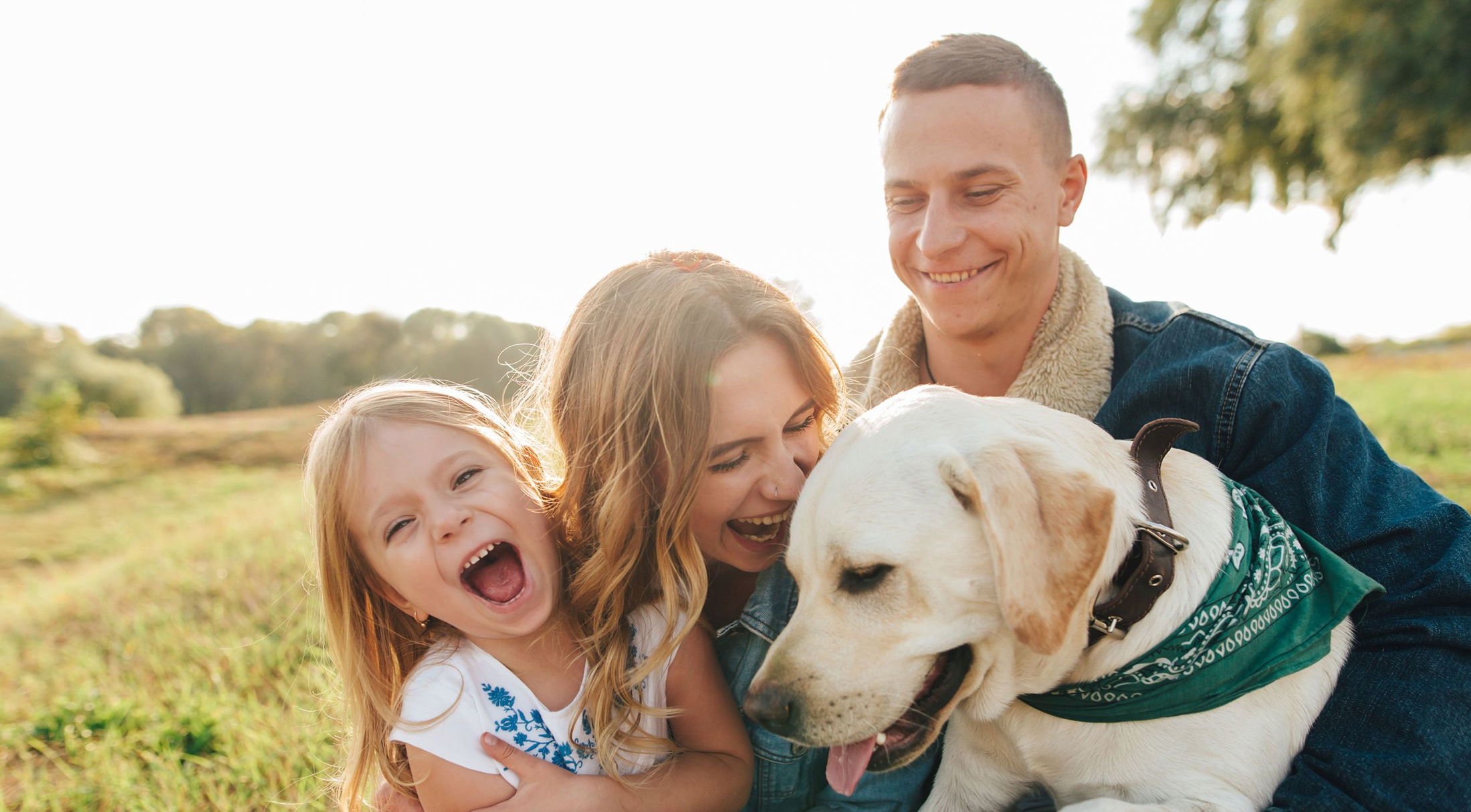 Happy family with a young child and a Labrador retriever enjoying a sunny day in the park.