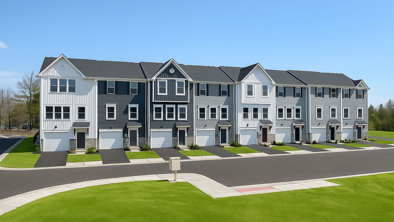 Modern row of townhouse buildings with gray and white siding, featuring integrated garages and neatly landscaped lawns.