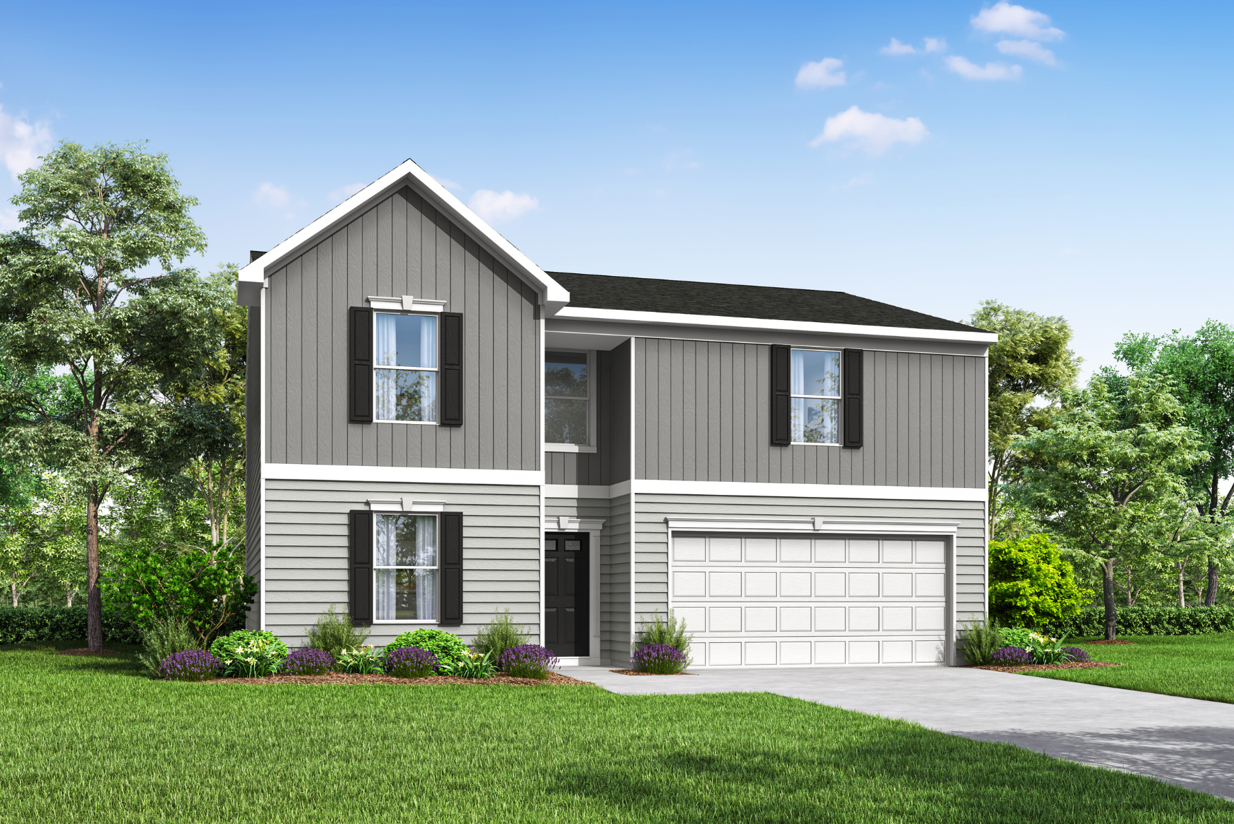 Modern two-story gray house with black shutters, a spacious front yard, and a double garage under a clear blue sky.