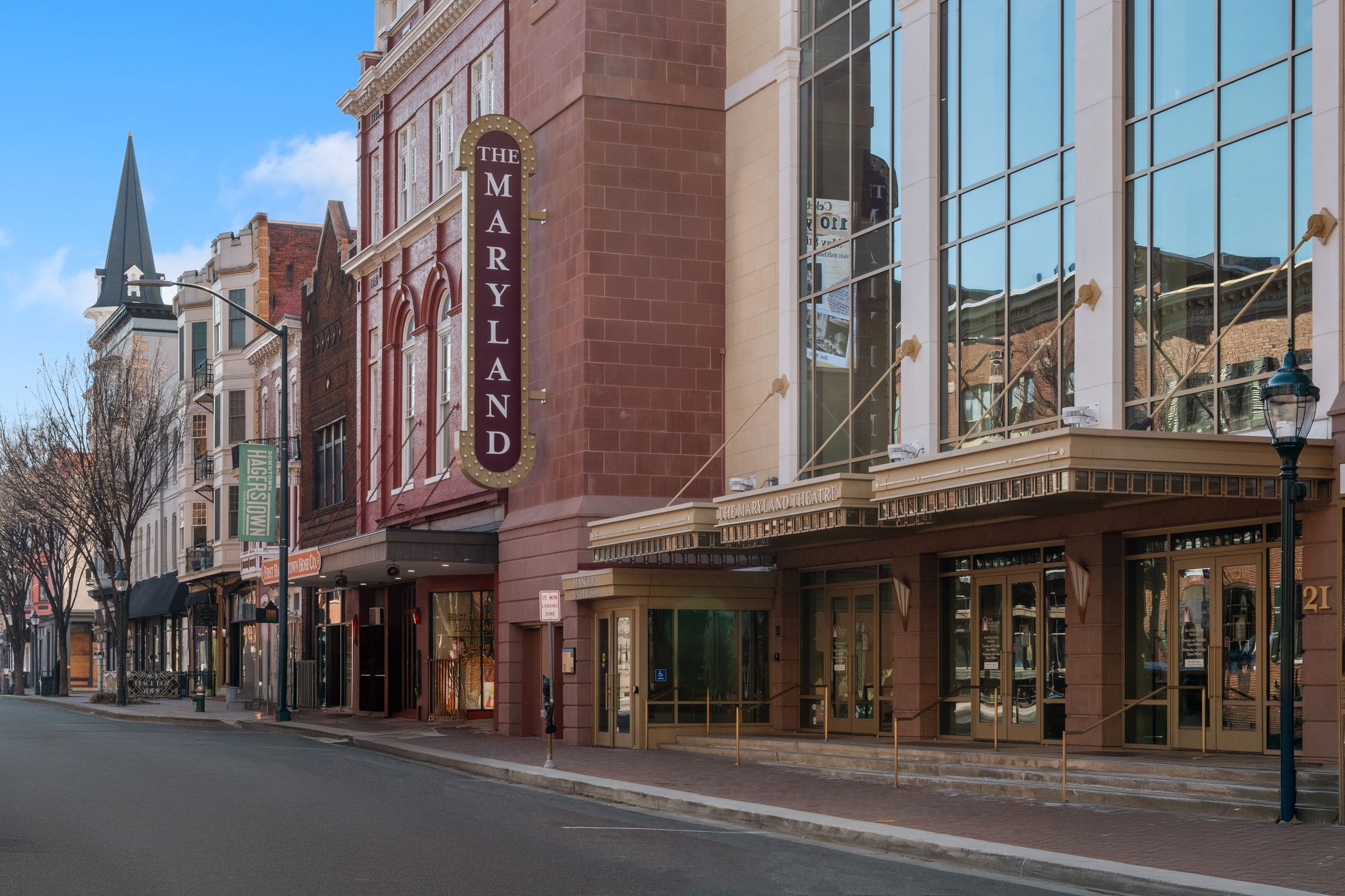 Street view of The Maryland Theatre in downtown Hagerstown, showcasing its historic architecture and marquee sign.