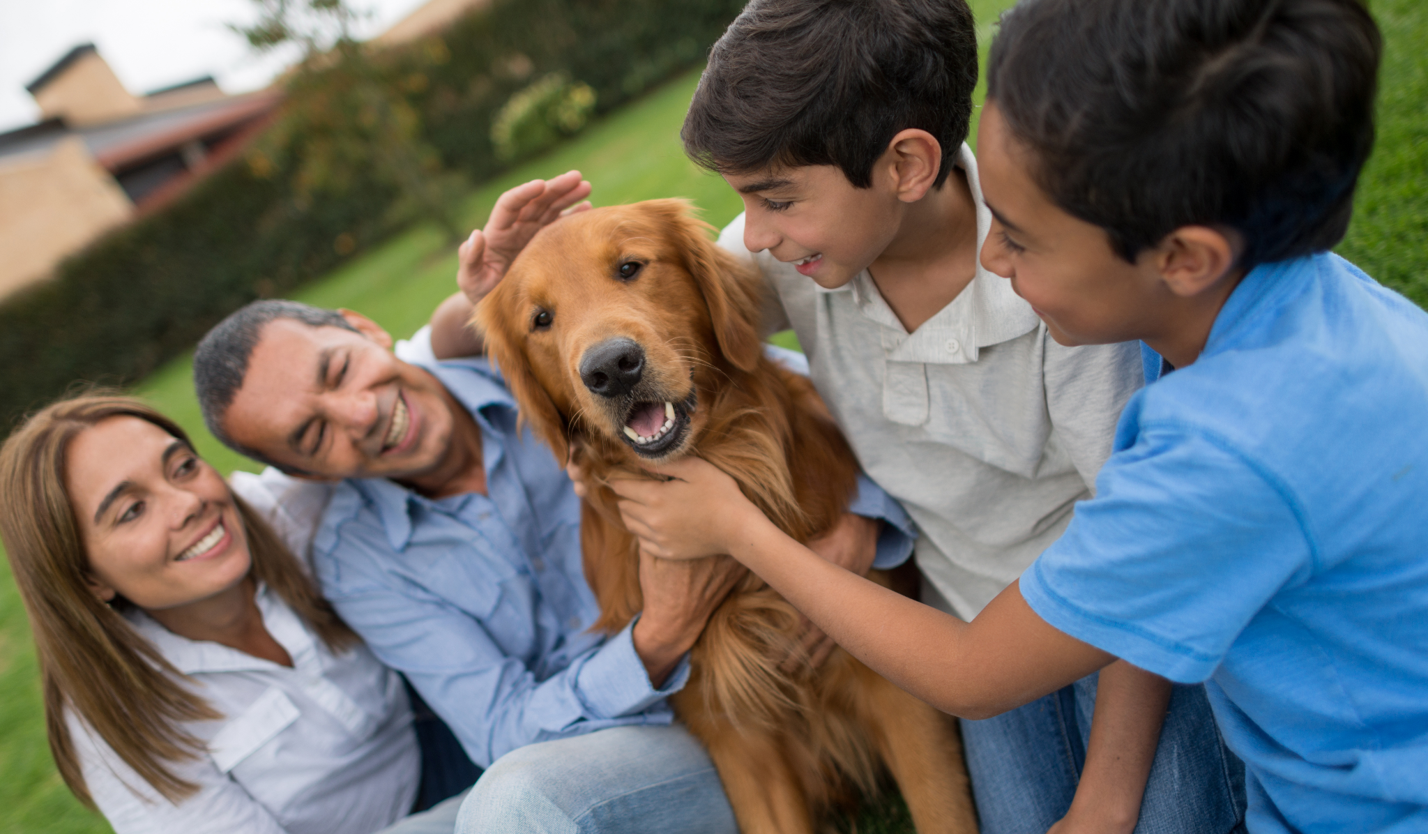 A happy family petting their golden retriever in the backyard.