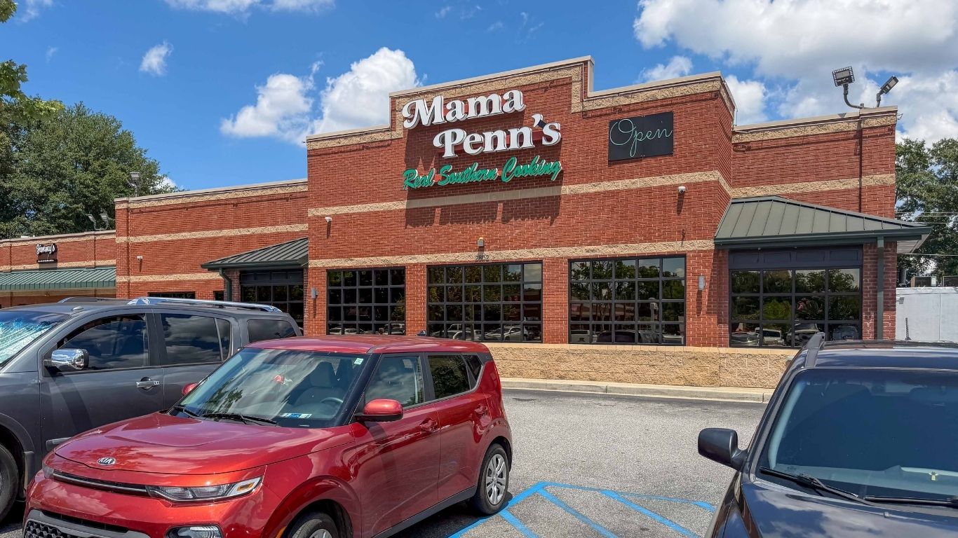Mama Penn's restaurant featuring brick exterior and green accents, with a clear blue sky above.