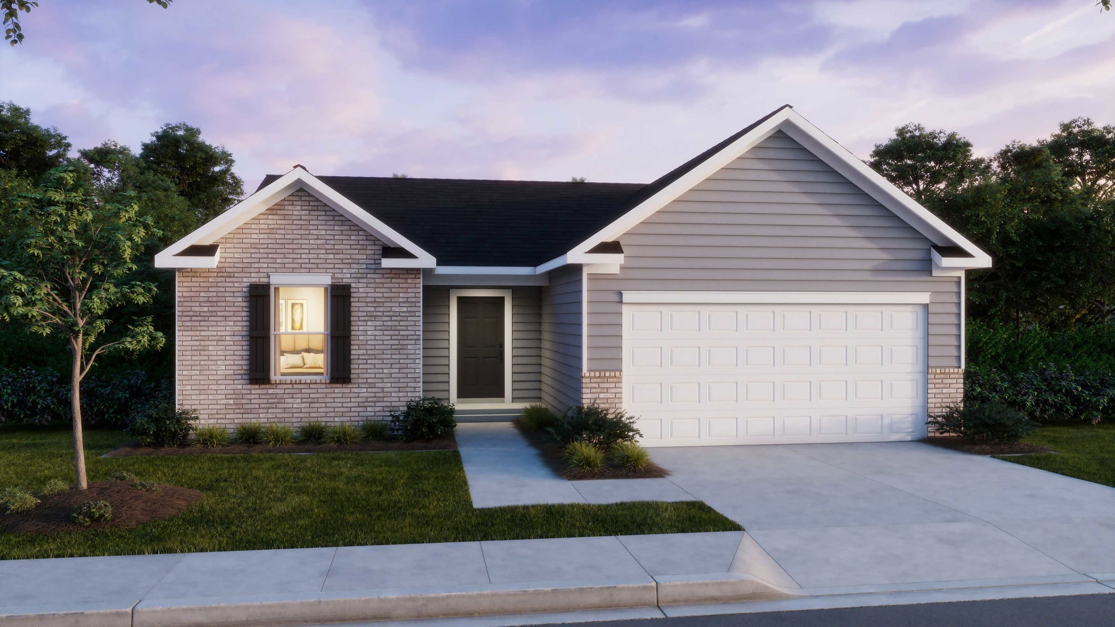 A modern, single-story suburban house with gray siding, a brick facade, a well-maintained lawn, and a two-car garage at twilight.