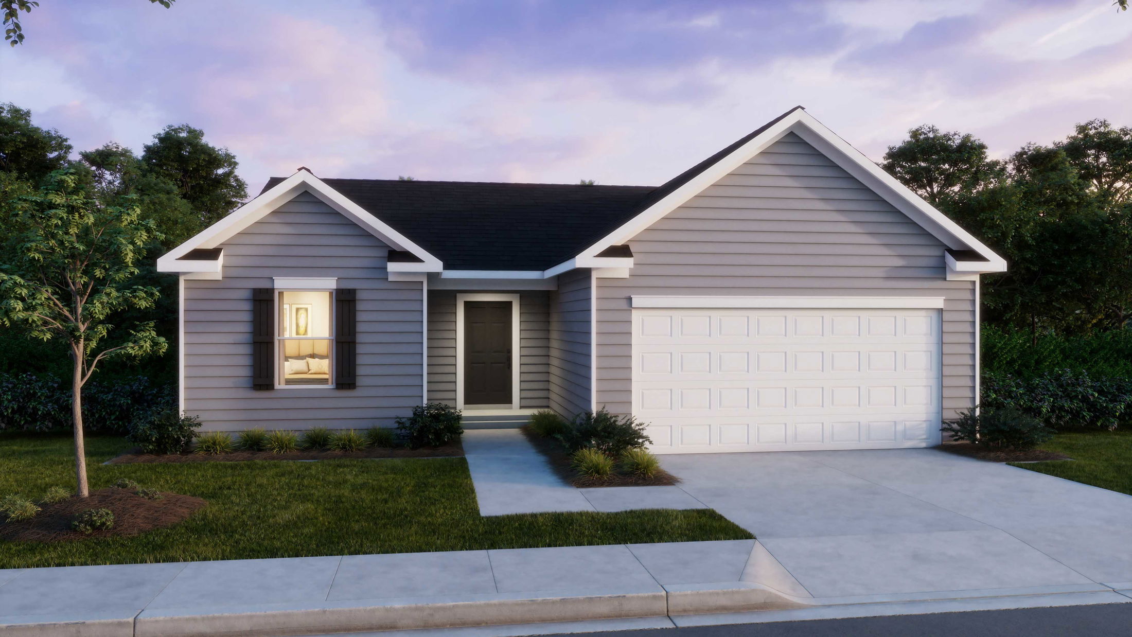 Modern gray single-story house with attached garage and landscaped front yard at dusk.