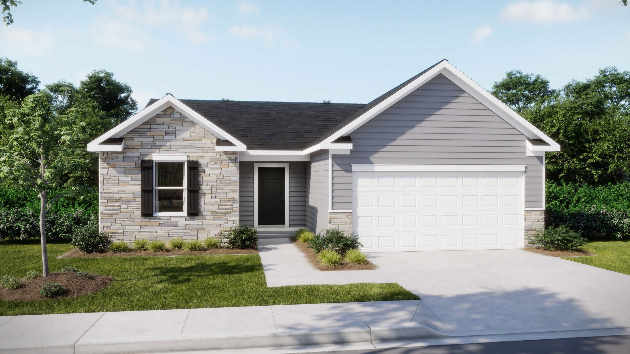 Modern single-story gray house with stone accents and a two-car garage surrounded by greenery.