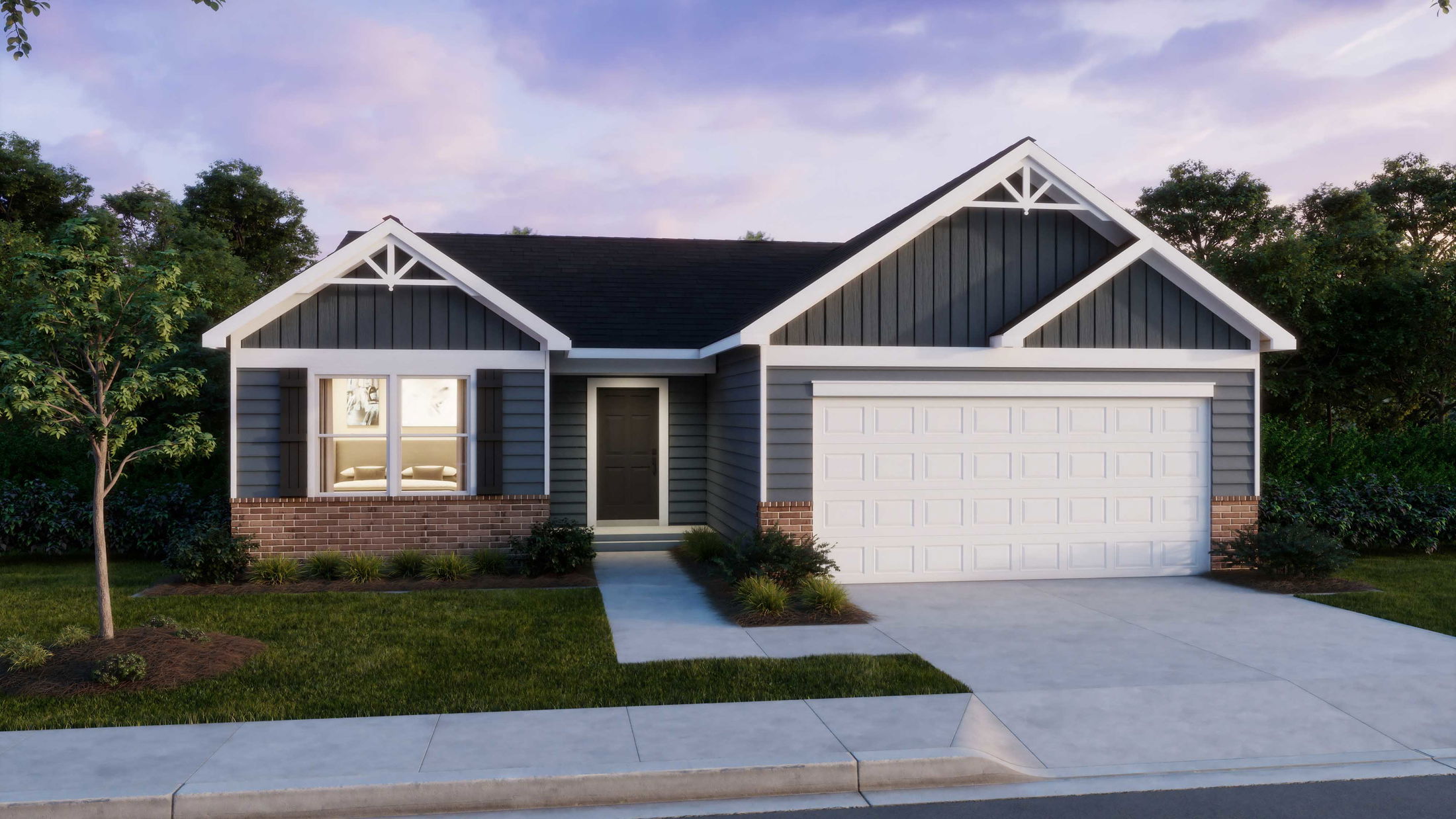 A modern, single-story home with a blue exterior, white garage door, and landscaped yard at dusk.