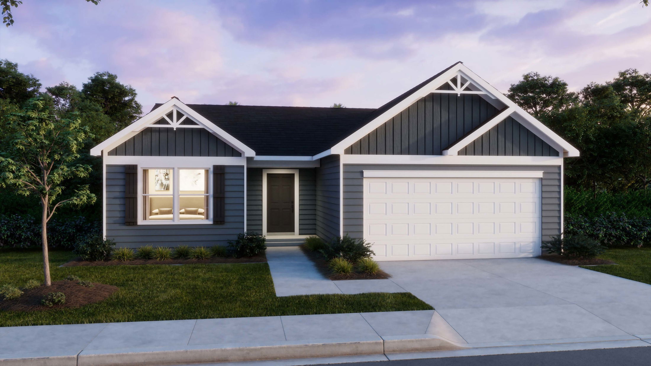 Single-story modern suburban home with a gray exterior, white garage door, and well-maintained lawn at dusk.