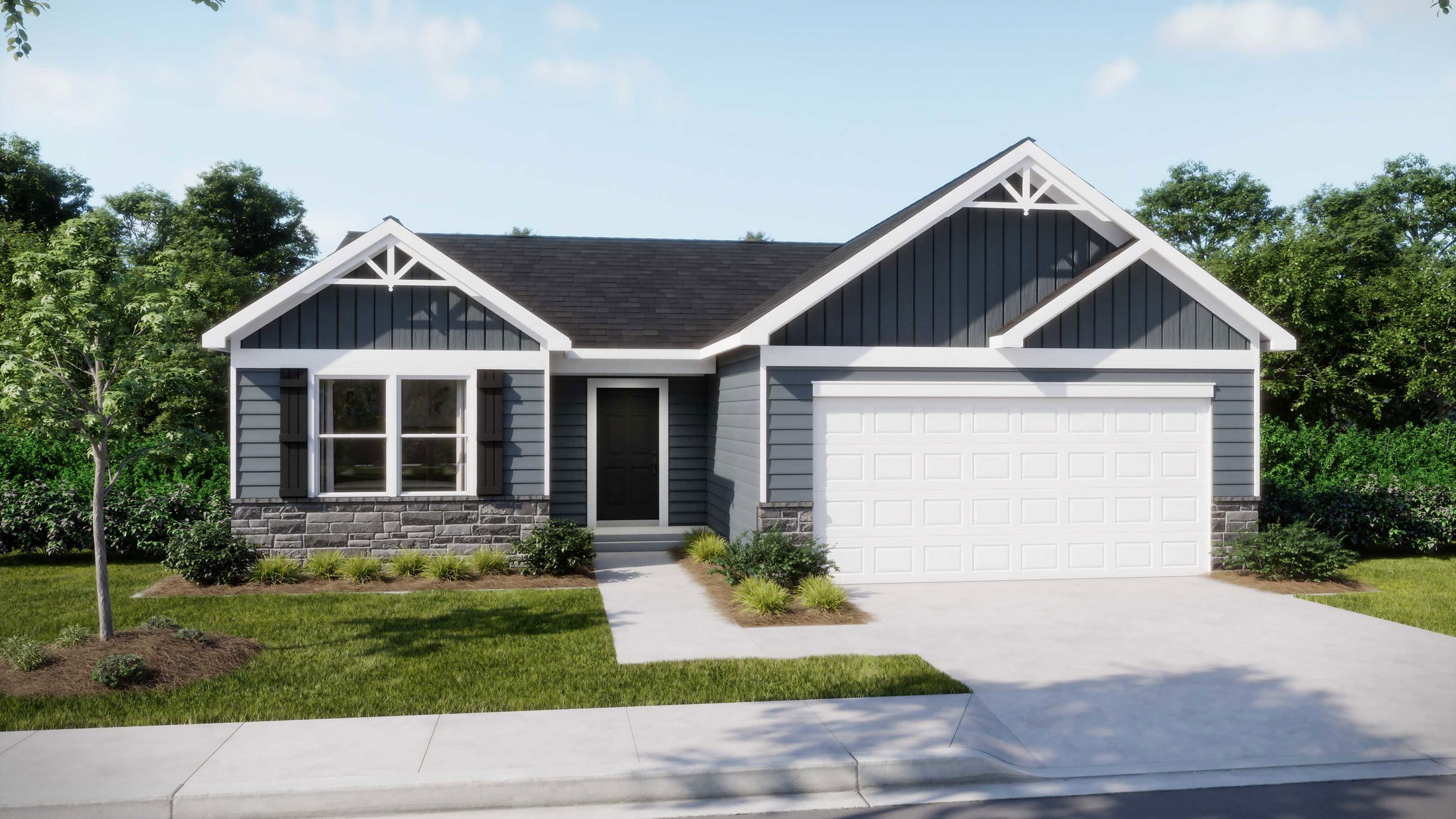 Modern suburban single-story home with gray siding, black shutters, and a two-car garage.