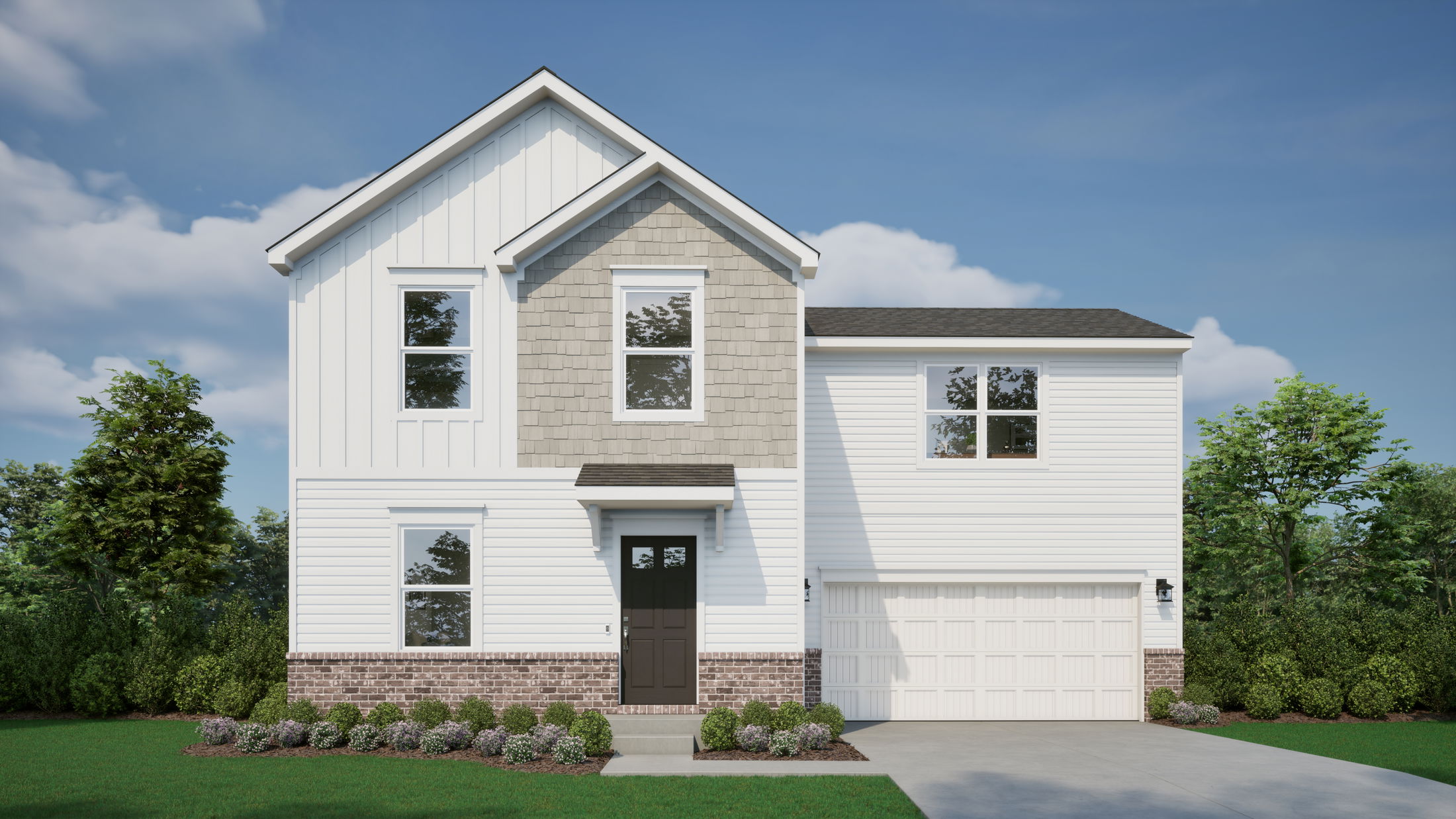 Modern two-story suburban house with white siding, brick accents, and a two-car garage, surrounded by a manicured lawn and trees.
