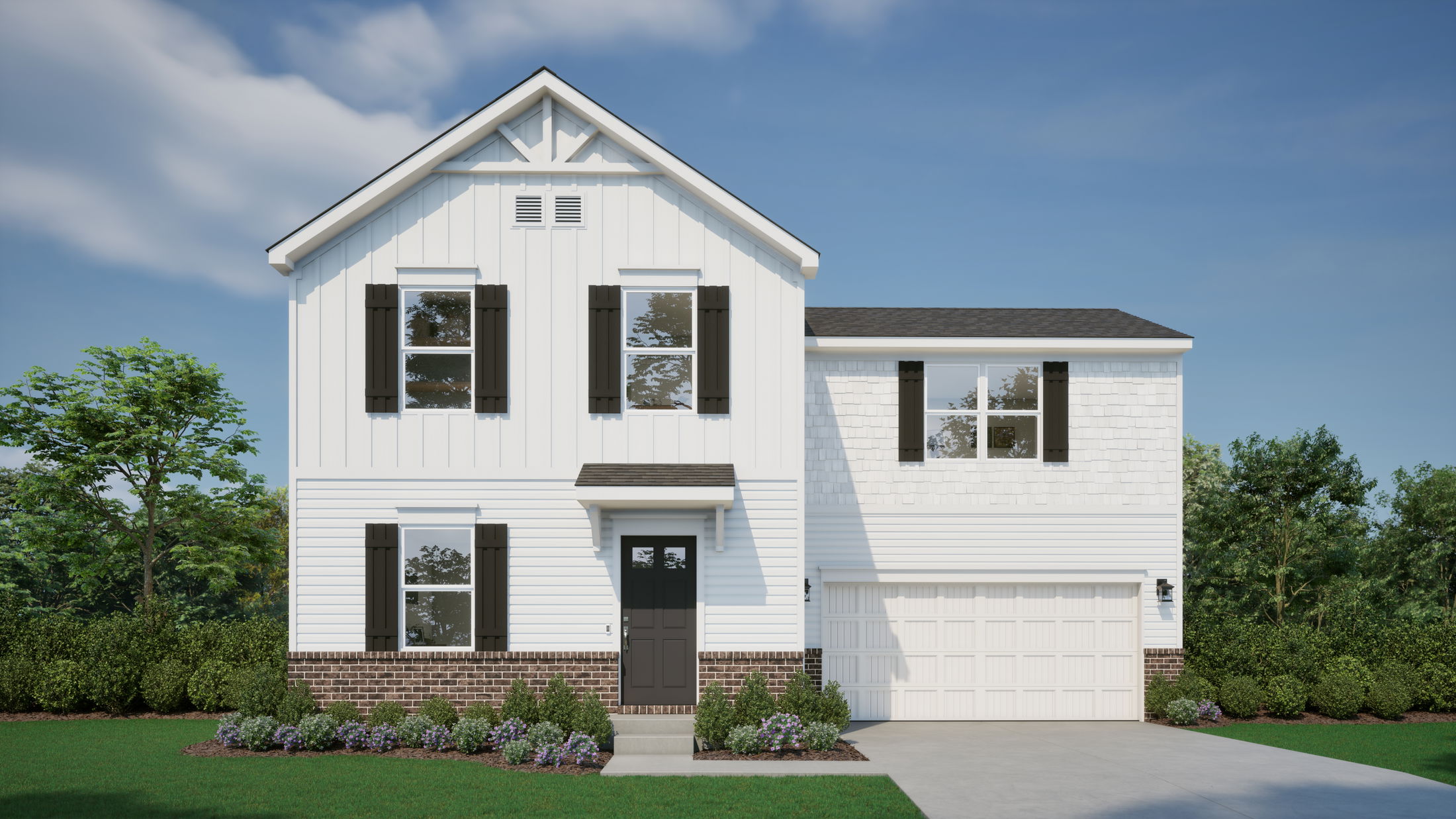 Modern two-story white house with black shutters and brick accents, surrounded by greenery and a clear blue sky.