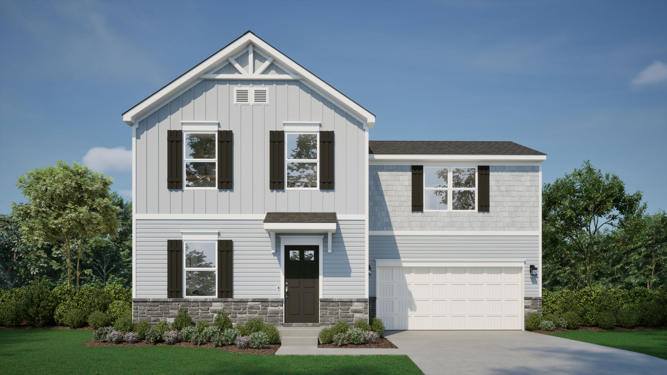 A modern two-story house with a gray exterior, black shutters, and a white garage set against a backdrop of lush greenery and a clear blue sky.