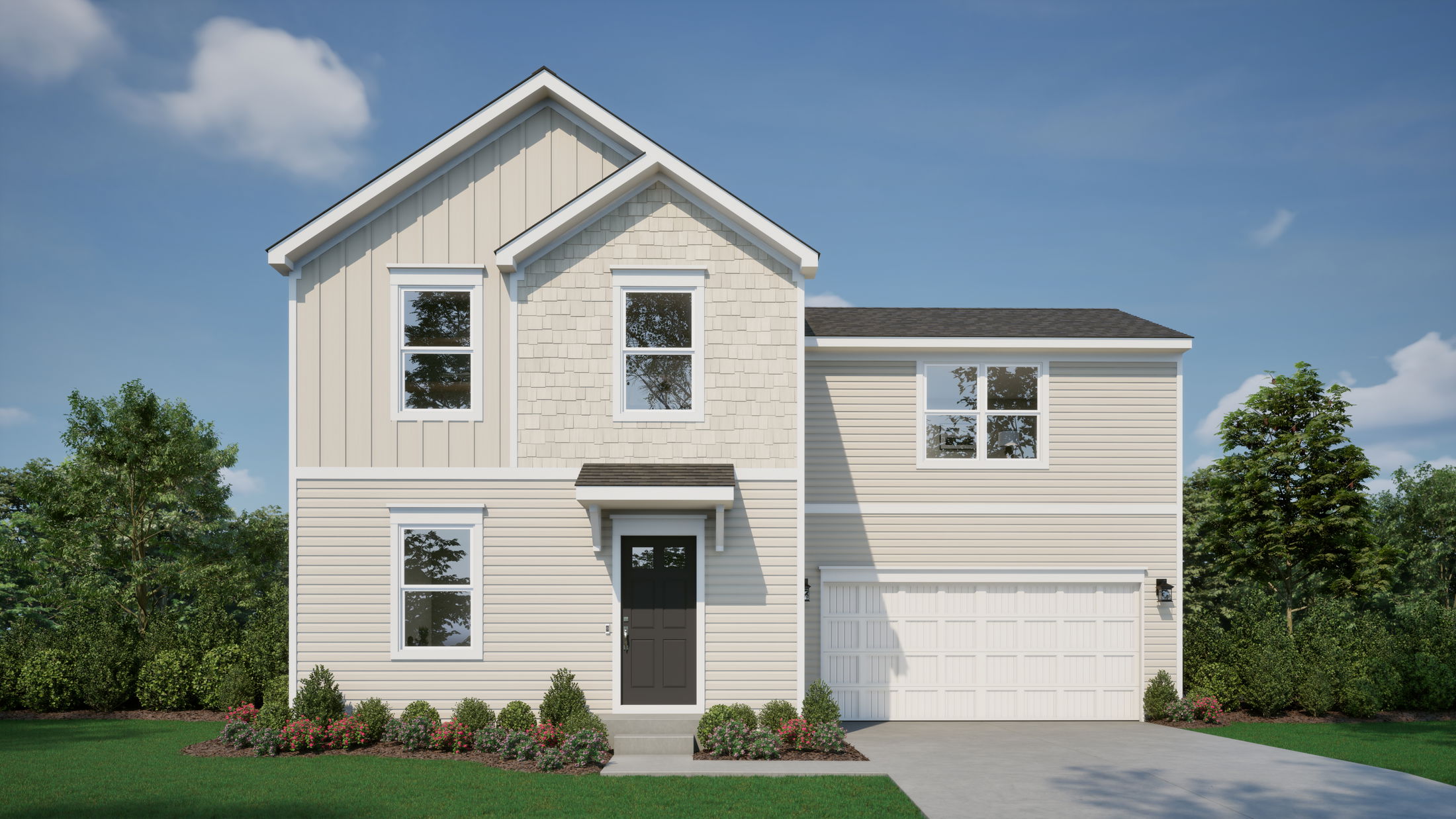 Modern two-story suburban house with beige siding, white trim, a black front door, and landscaped front yard under a clear blue sky.