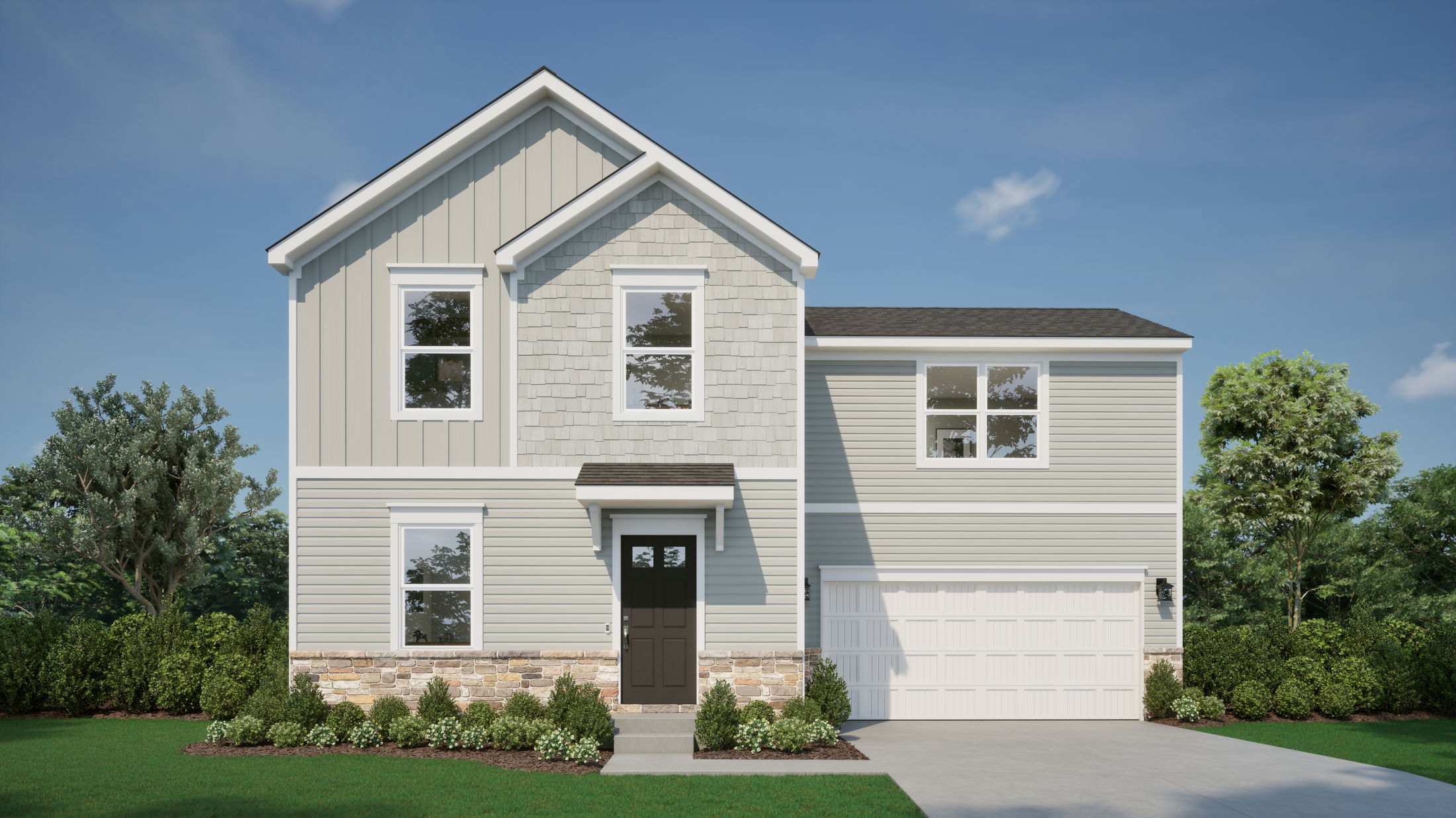 Modern two-story suburban house with gray siding, white trim, a garage, and a landscaped front yard.
