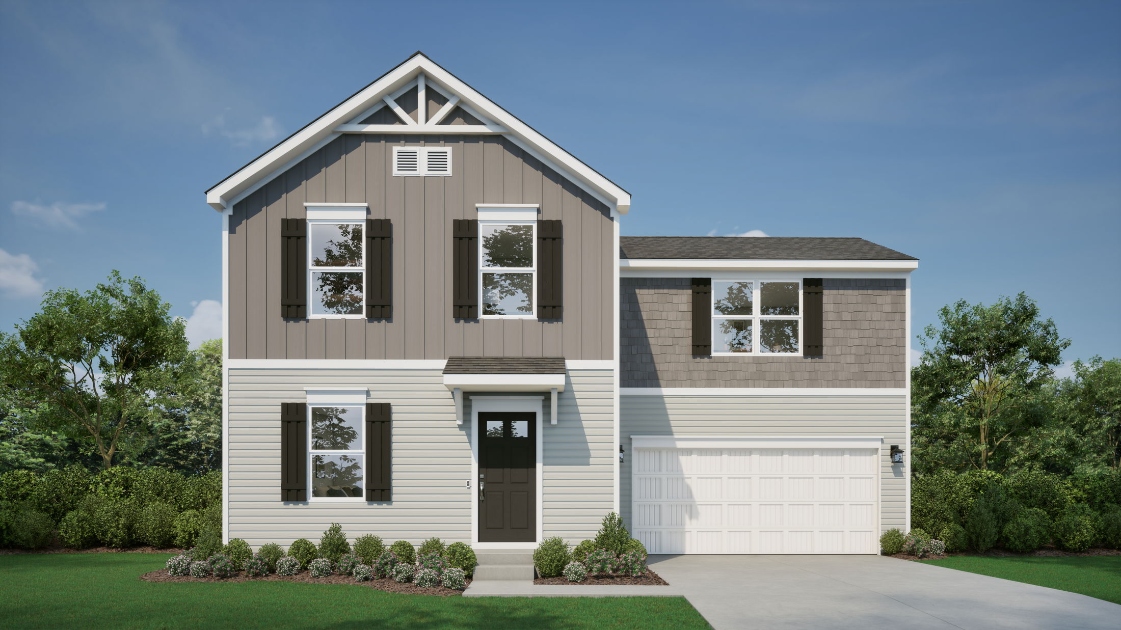 Modern two-story house with gray siding, black shutters, and a two-car garage surrounded by a landscaped yard under a clear blue sky.
