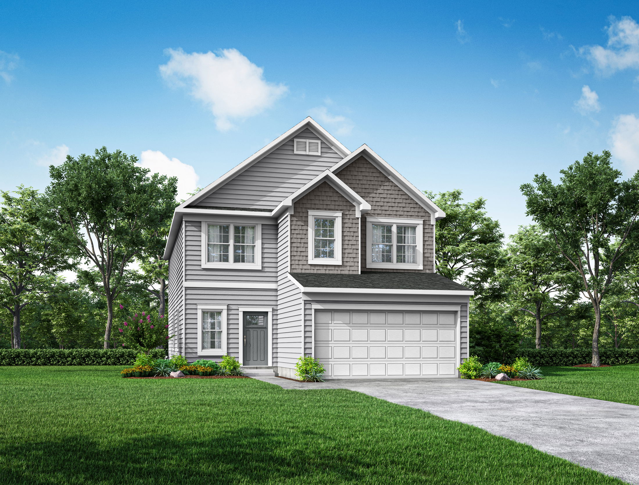 Modern two-story gray house with a manicured lawn and spacious driveway under a blue sky.