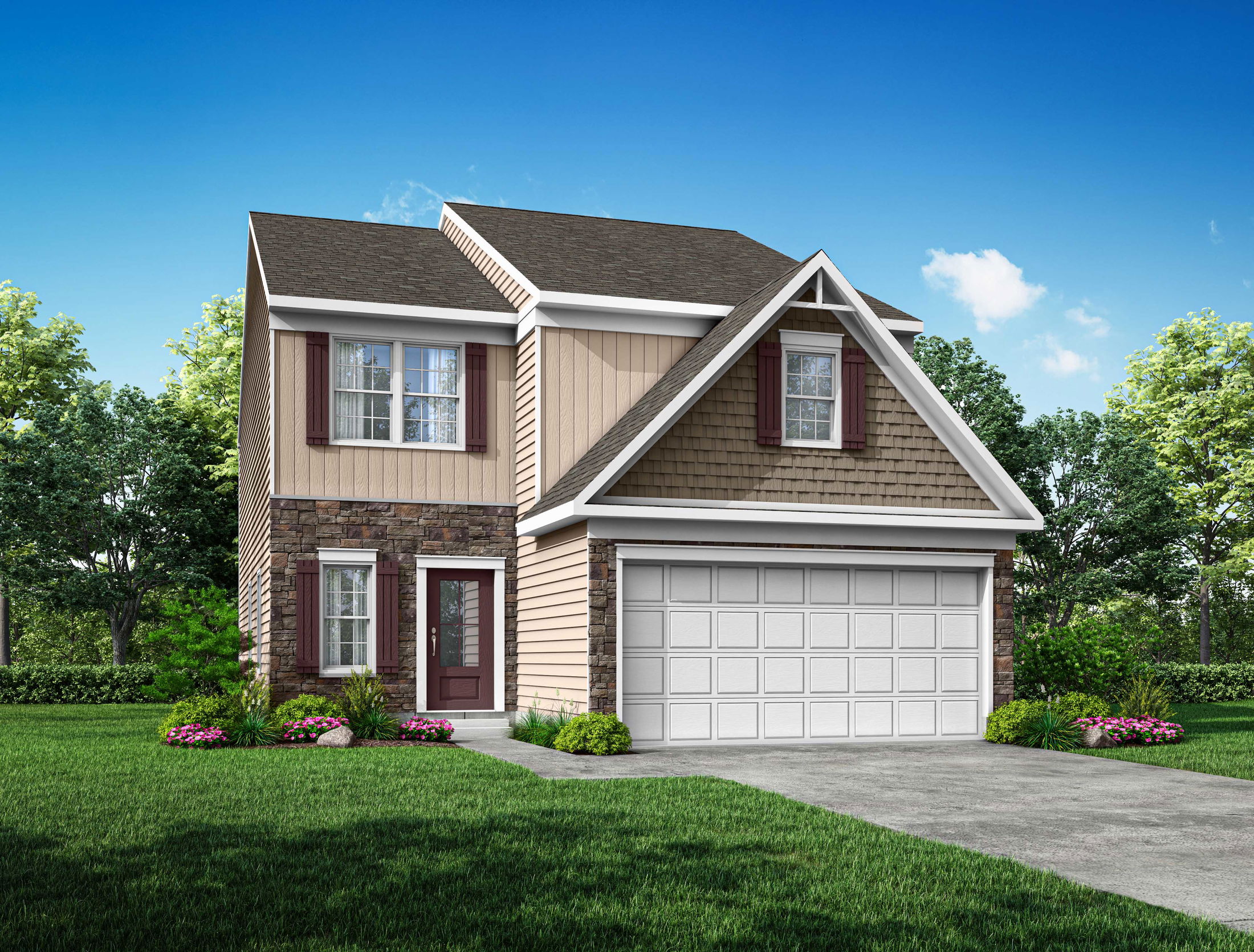 A modern two-story suburban house with stone and siding exterior, featuring a spacious driveway and landscaped front yard.