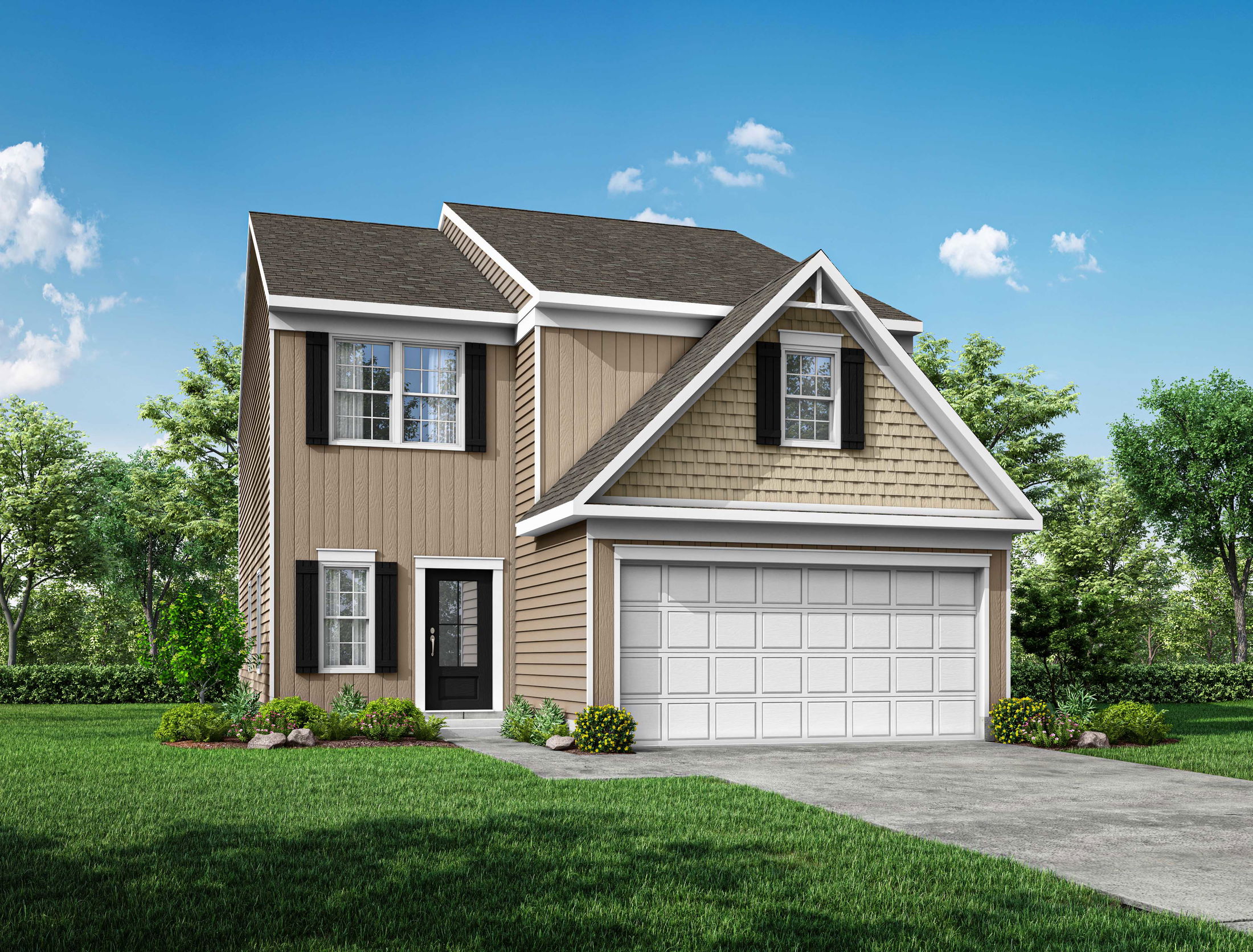 Two-story suburban house with brown and beige siding, black shutters, and a double garage, surrounded by a lush green lawn and trees under a clear blue sky.