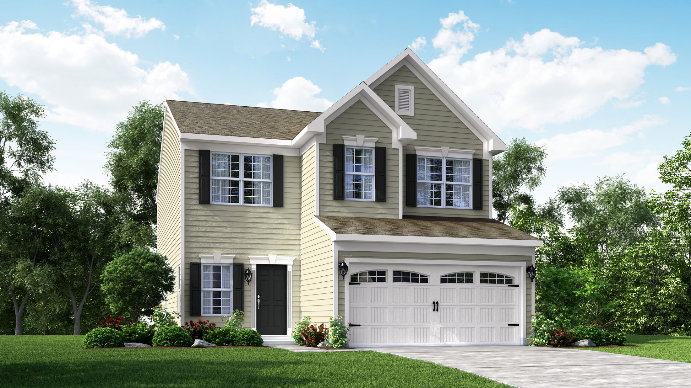 Modern two-story house with beige siding, a neatly manicured lawn, and spacious driveway under a clear blue sky.