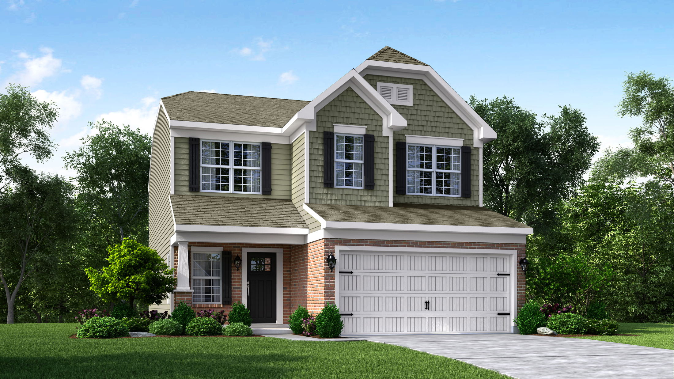 Beautiful two-story suburban home with green siding, white trim, and a double garage surrounded by lush landscaping.
