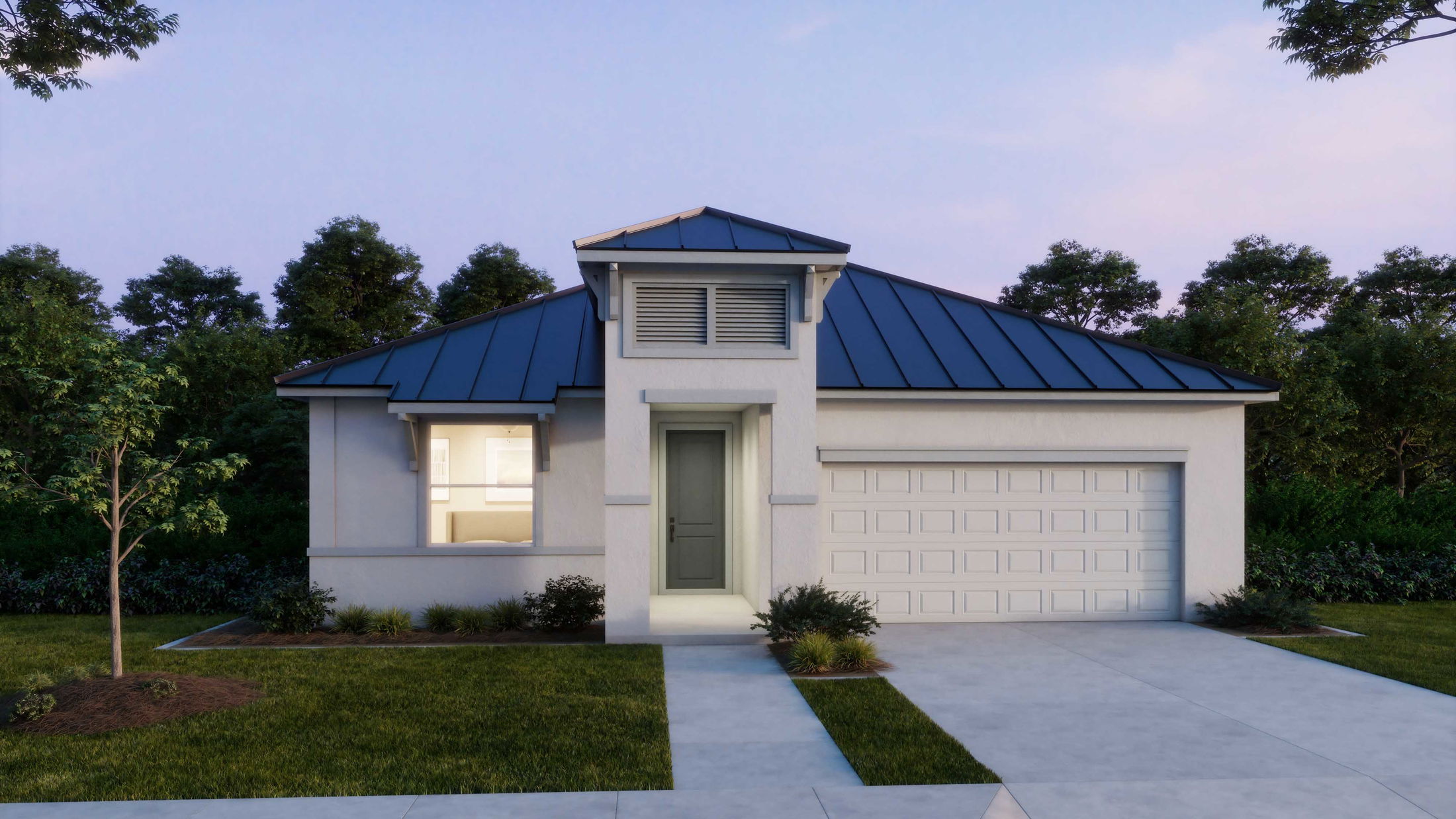 Modern single-story house with a blue metal roof, large garage, and manicured lawn at dusk.