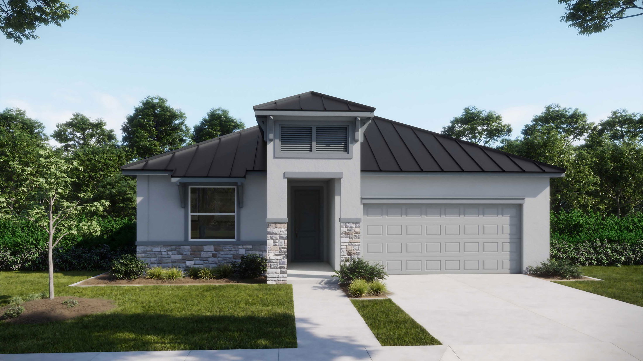 Modern single-story house with a sleek black metal roof and a two-car garage set amidst a lush green landscape.