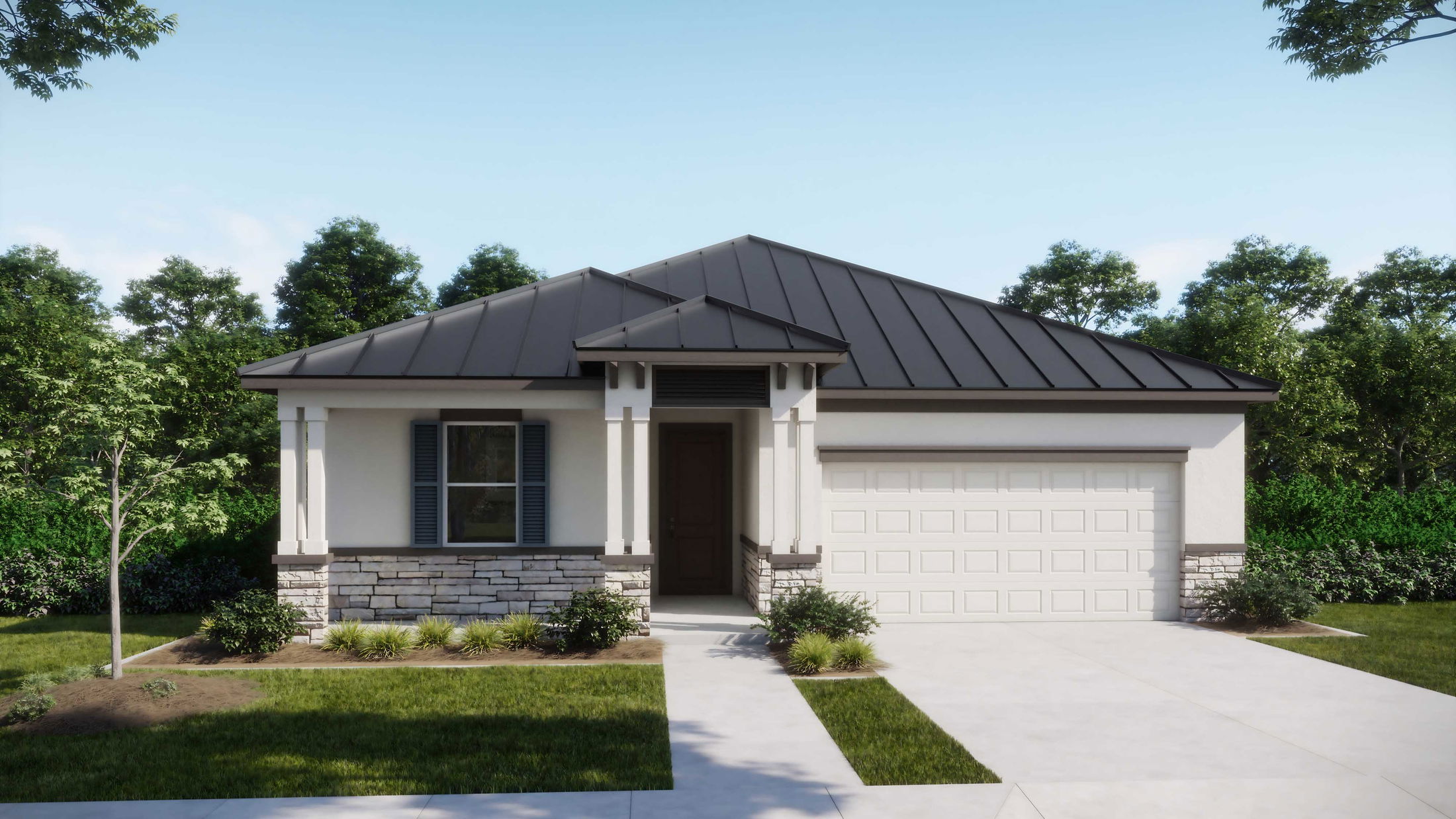 Modern single-story home with a dark metal roof, stone accents, and two-car garage, surrounded by lush greenery.