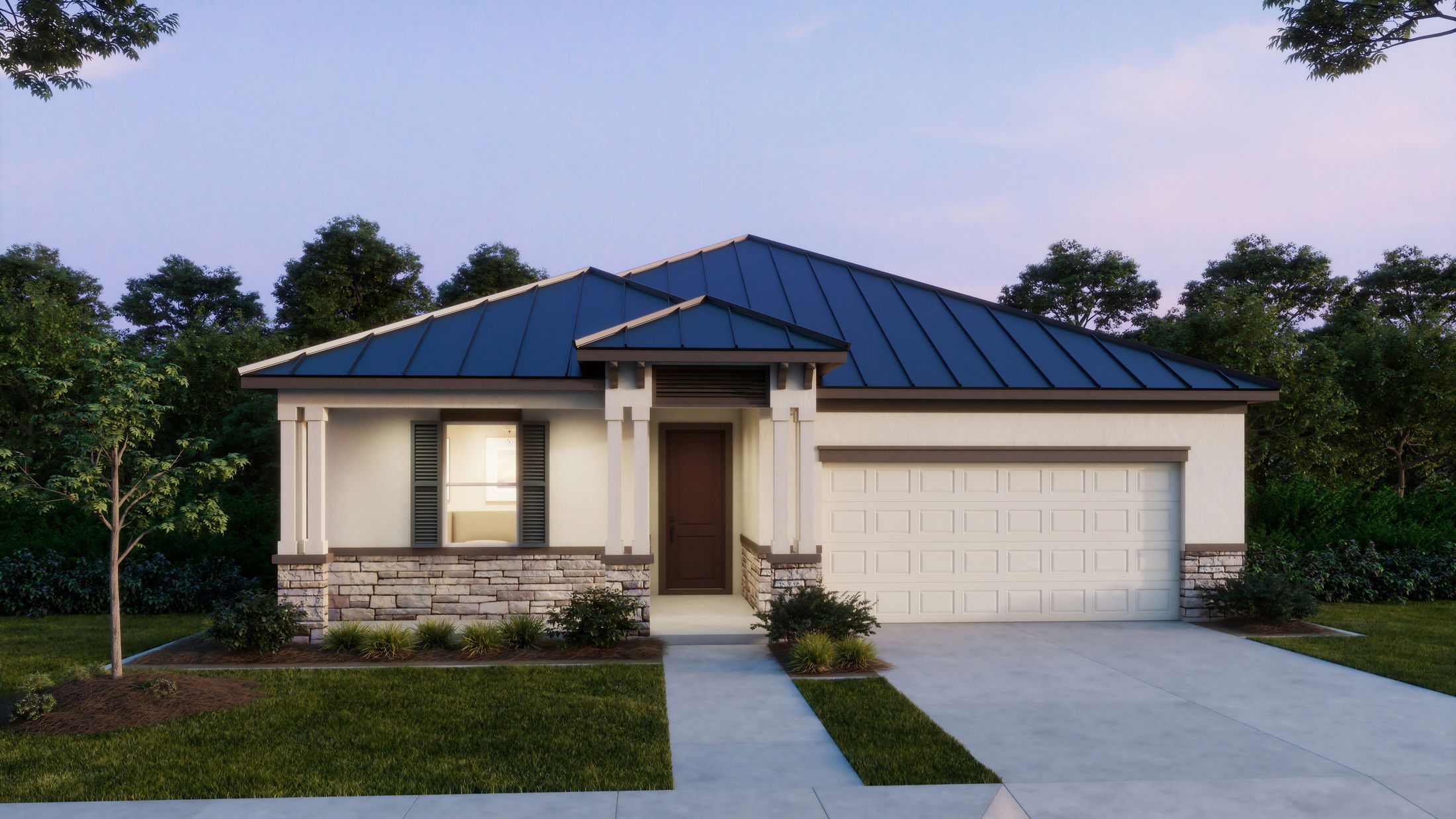 Modern single-story house with a metal roof, well-maintained lawn, and attached garage.