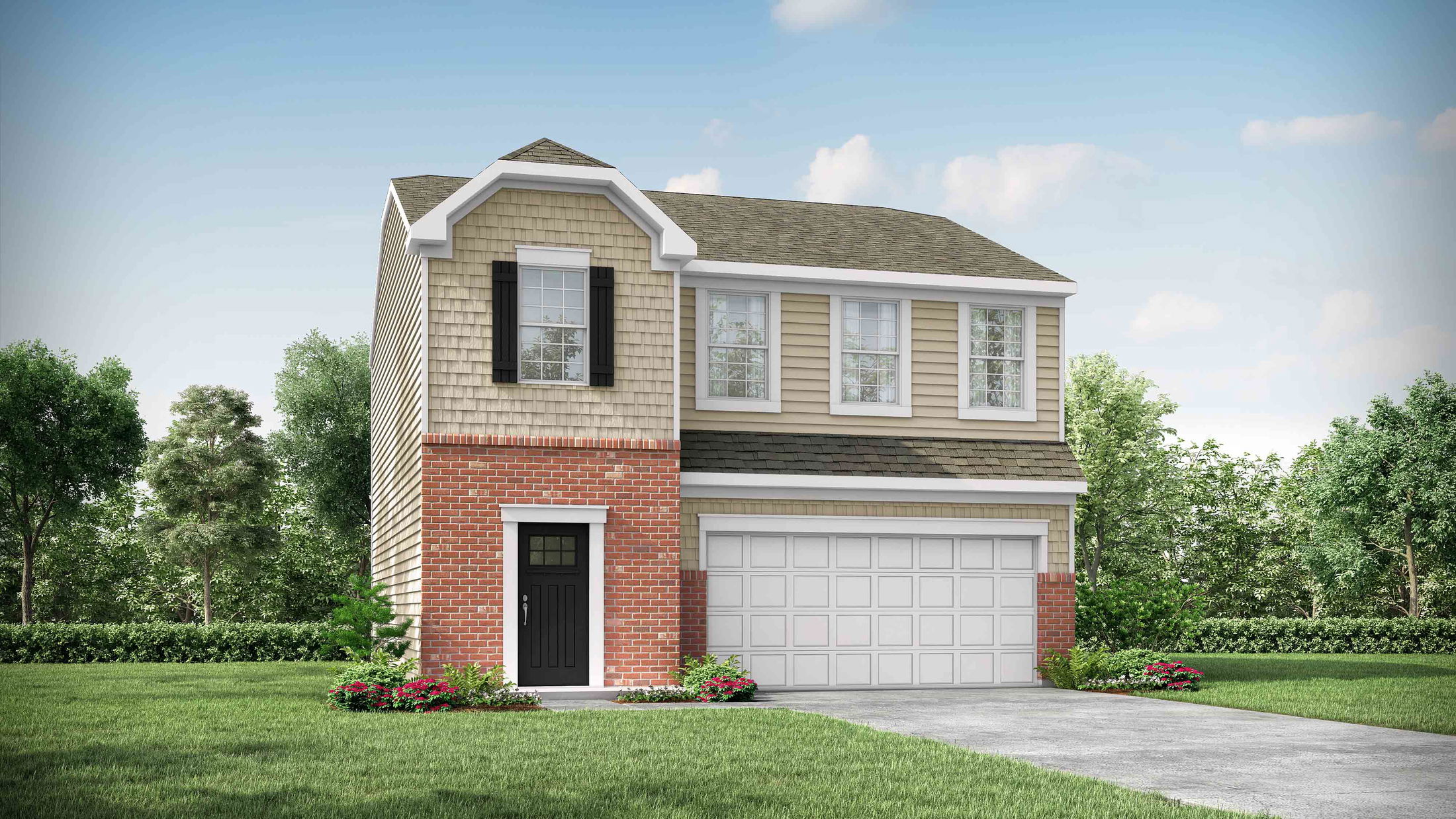 Two-story suburban house with a brick and siding exterior, featuring a spacious driveway and lush green lawn.