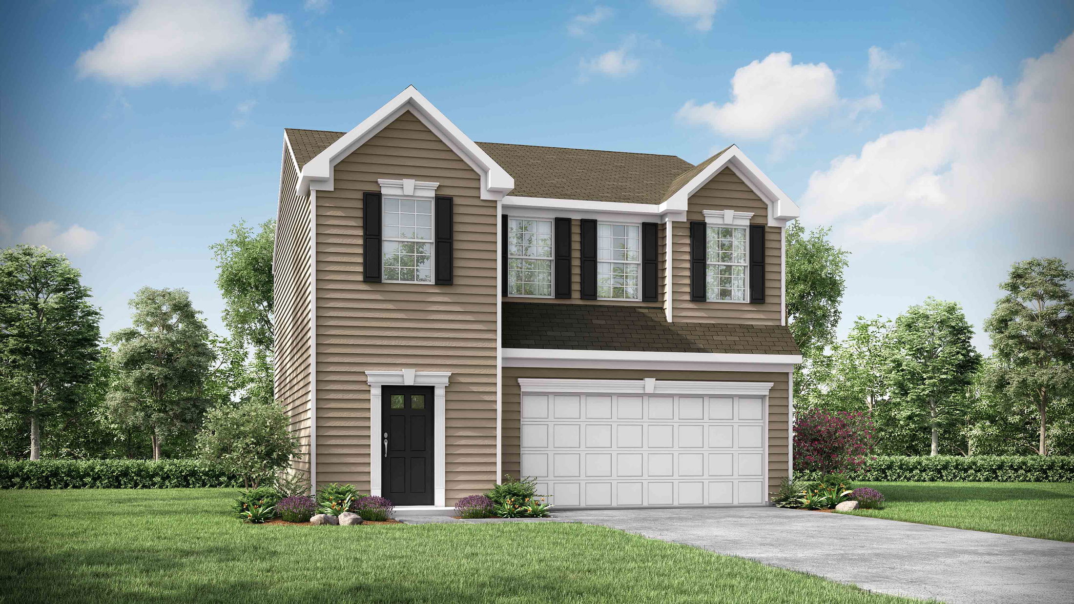 Two-story suburban home with brown siding, black shutters, and a double garage, surrounded by lush greenery under a blue sky.