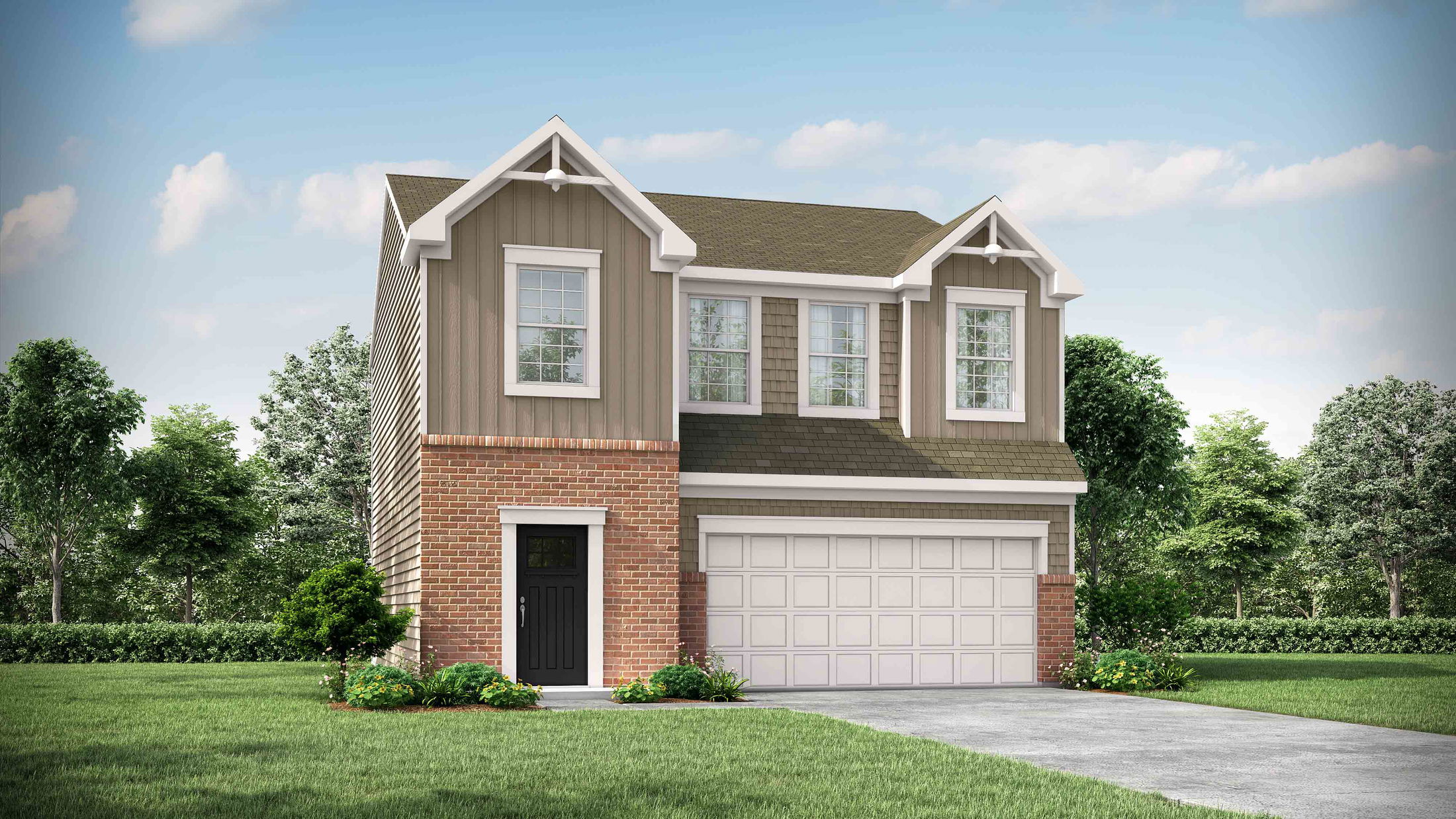 Two-story suburban house with brick and wood siding, featuring a garage and well-maintained lawn.
