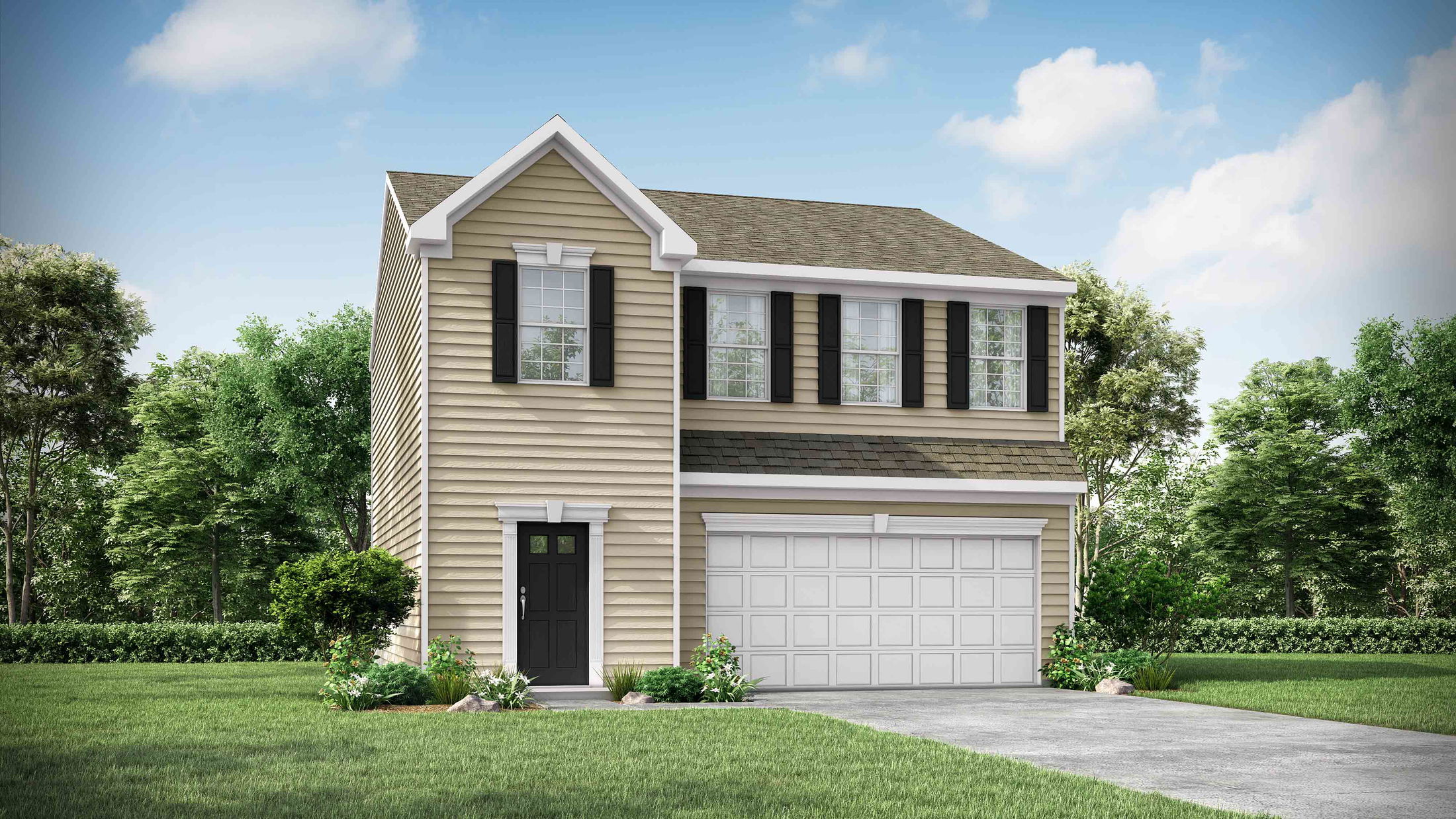 Two-story suburban house with beige siding, black shutters, and a two-car garage surrounded by green landscaping.