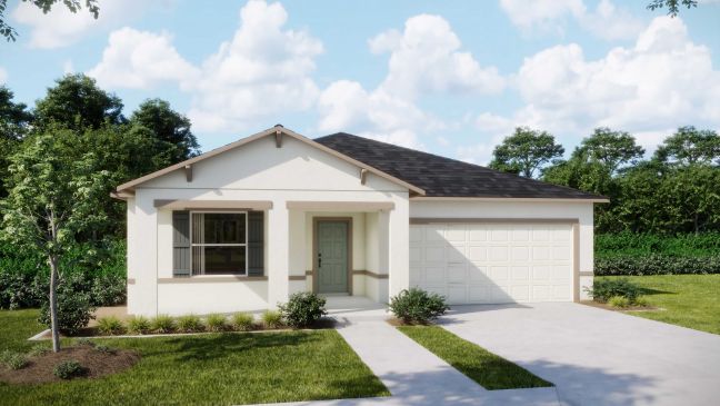 Modern single-story suburban home with a two-car garage, manicured lawn, and clear blue sky background.