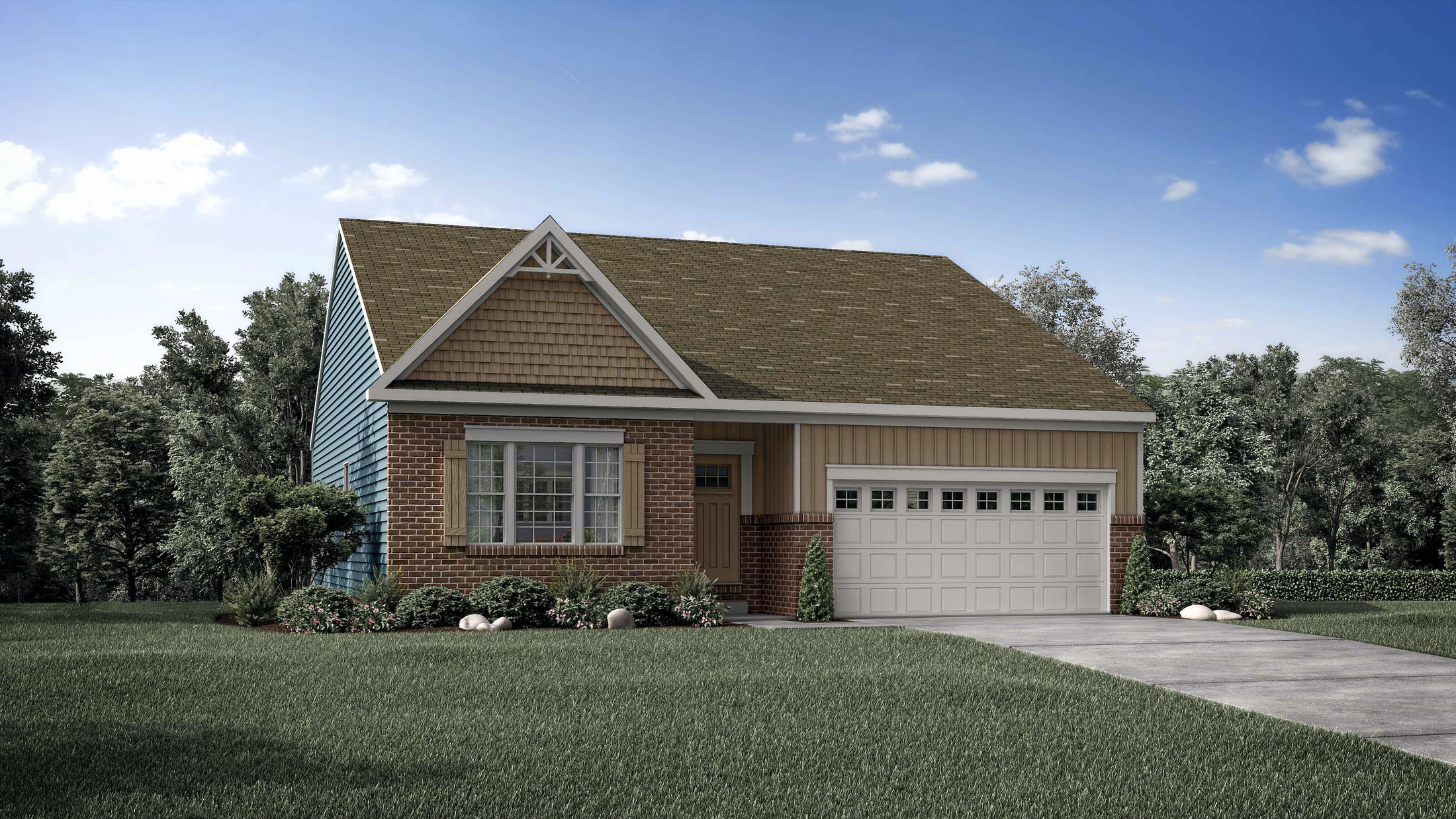 Charming suburban single-story house with mixed brick and wood siding, a spacious garage, and well-maintained lawn under a clear blue sky.